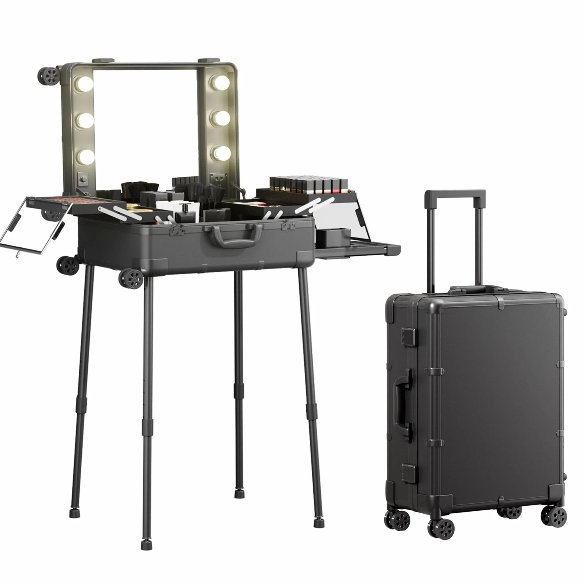 Valise de Maquillage à Roulettes en Aluminium avec Grand Miroir et Serrure à Code, Pliable pour Voyage et Studio