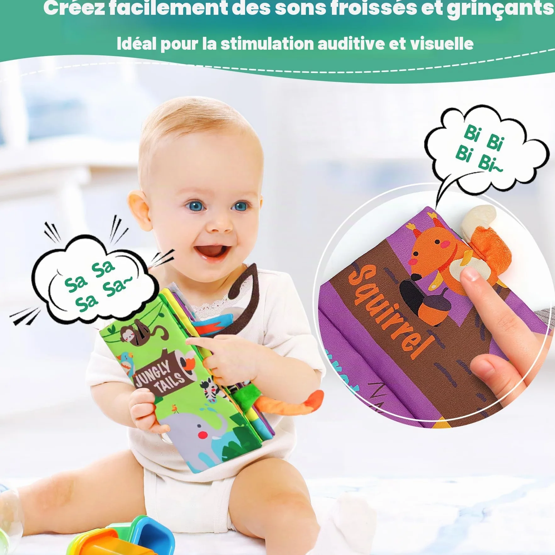 beiens Livre Tissu Bébé Eveil Sensoriel Doux Animaux 0-3 mois Cadeau Naissance