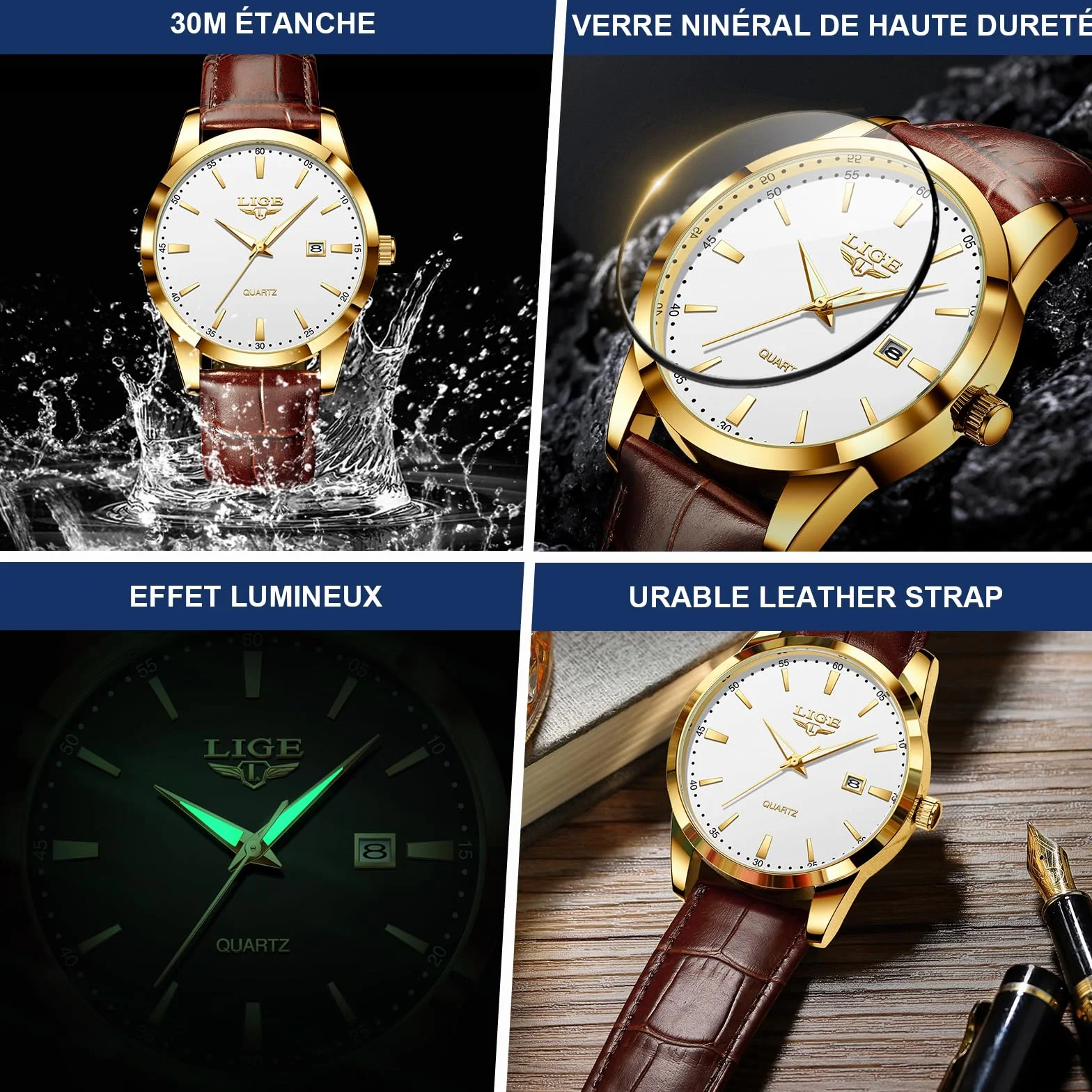LIGE Montre Hommes Date Étanche Quartz Cuir Jaune-Brun