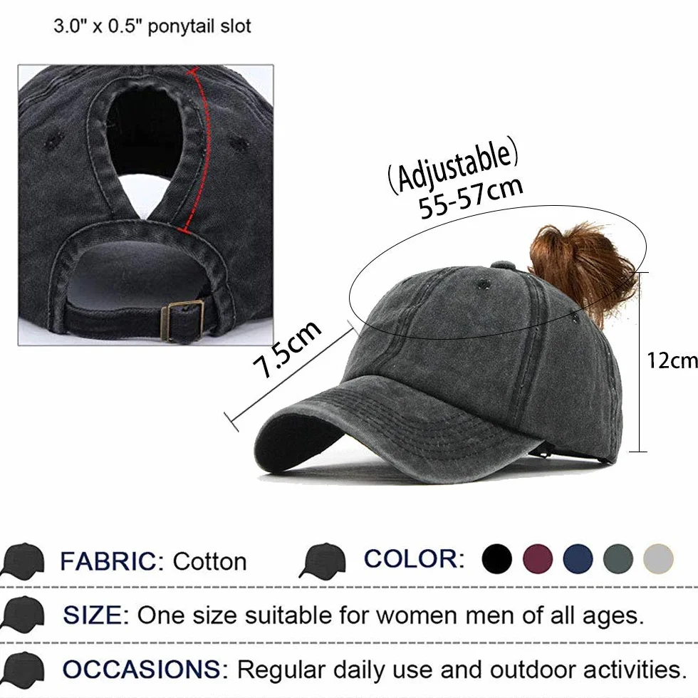 Femme Casquette de Baseball en Queue de Cheval Vintage Chapeau Camionneur Papa Cap Réglable Anti-Soleil