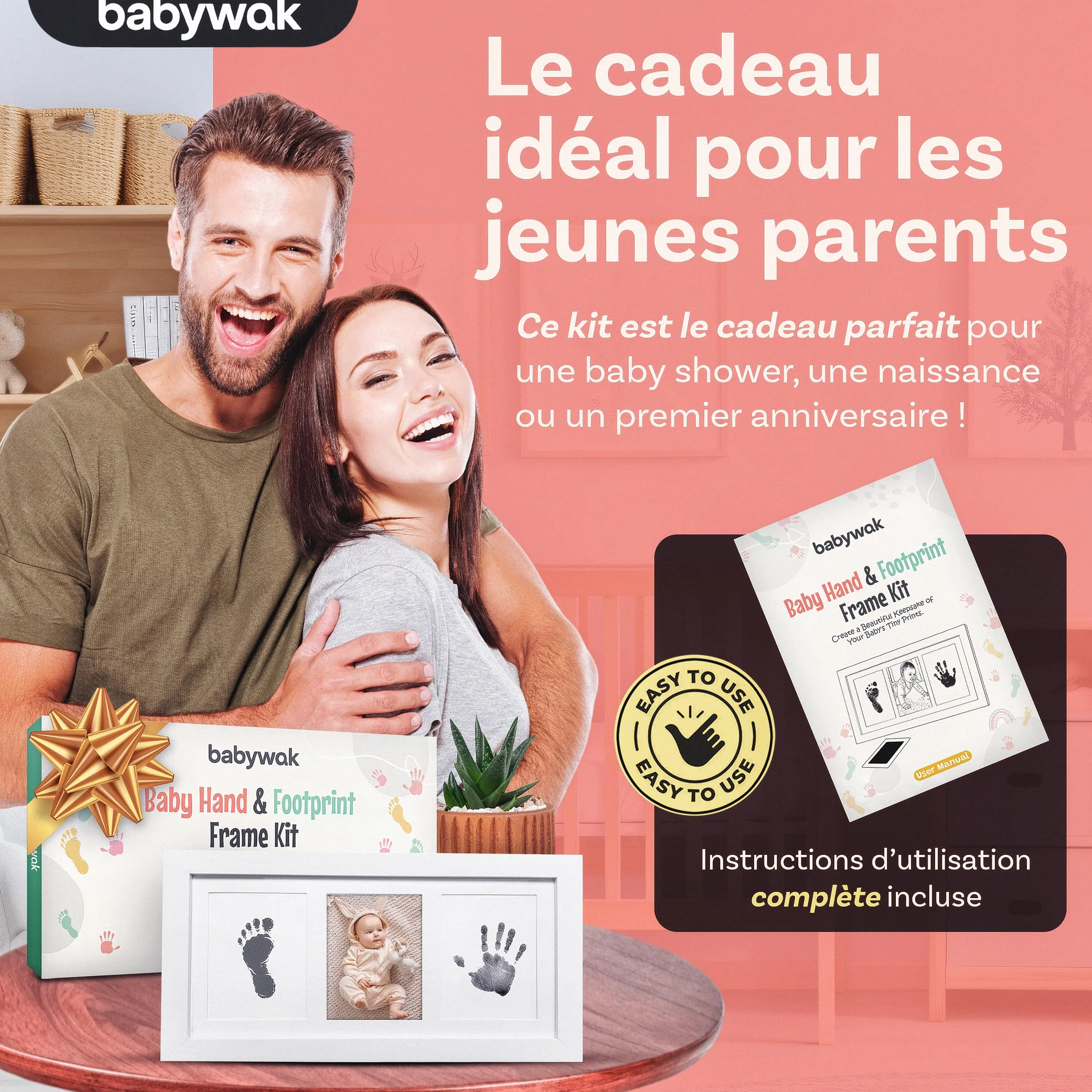 Kit Empreinte Bébé sans Encre avec Cadre Photo en Bois – Cadeau Naissance Baby Shower – Souvenir Nouveau-né 0-6 Mois