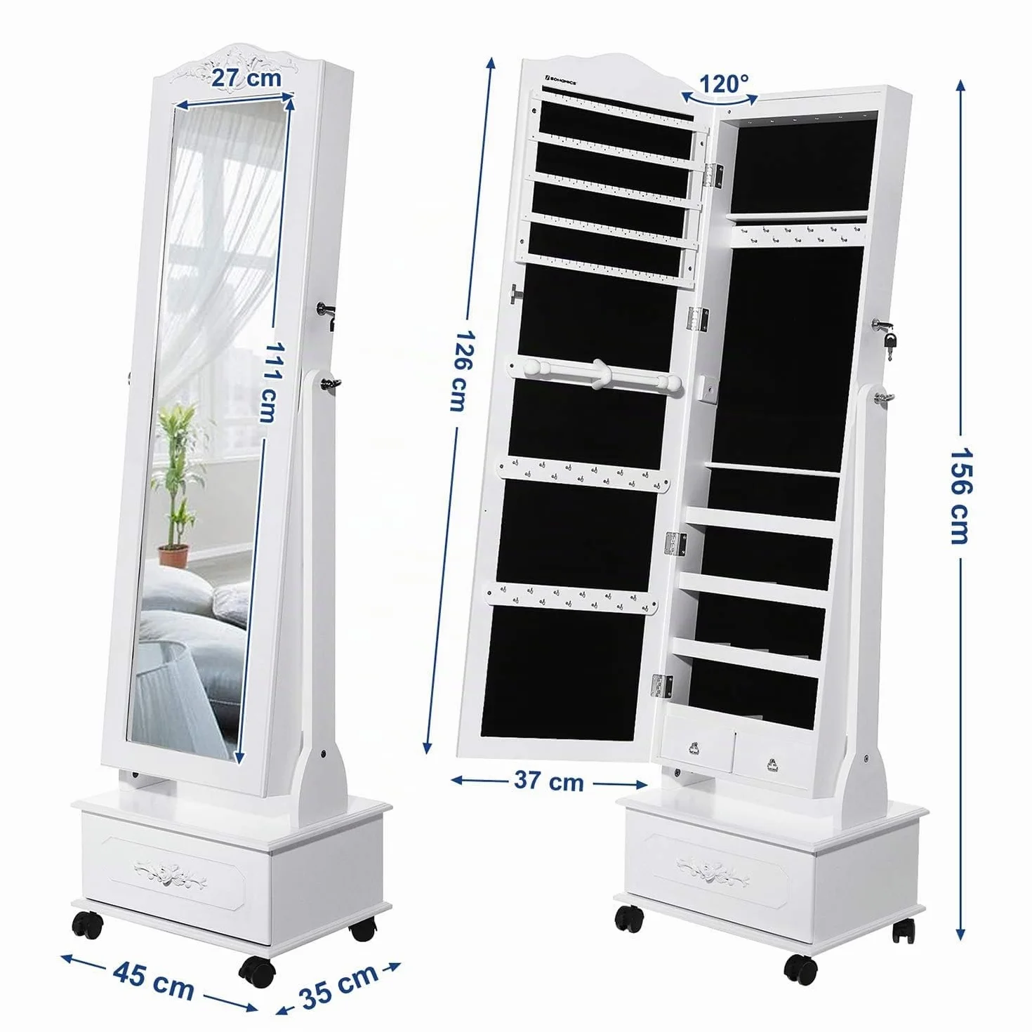 SONGMICS Armoire à Bijoux avec Miroir sur Pieds, Lumières LED 3 Couleurs, Intensité Réglable, Blanc JJC012W01