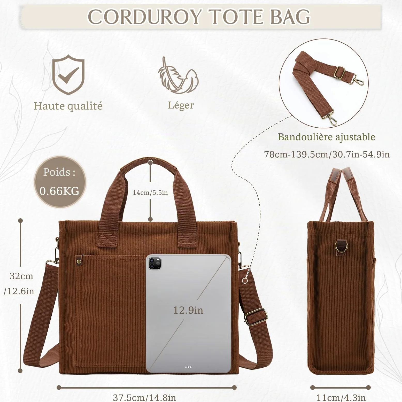 VASCHY Cabas Femme en Velours Côtelé, Tote Bag Zippé avec Bandoulière Amovible, Sac Porté Épaule Léger pour Travail, Cours et Shopping, 37 x 11 x 32 cm