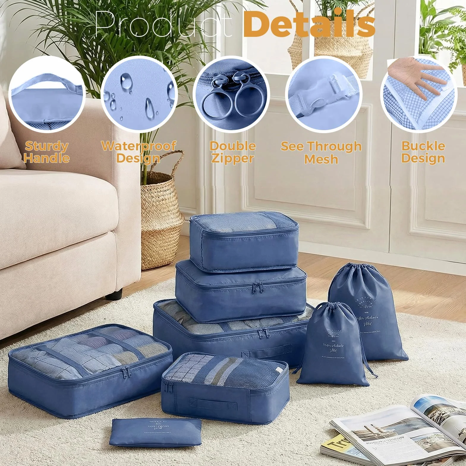 Organisateur Valise 8 Pièces, Packing Cubes de Voyage, Sacs Rangement Accessoires pour Vêtements Chaussures Cosmétiques Bleu Marine