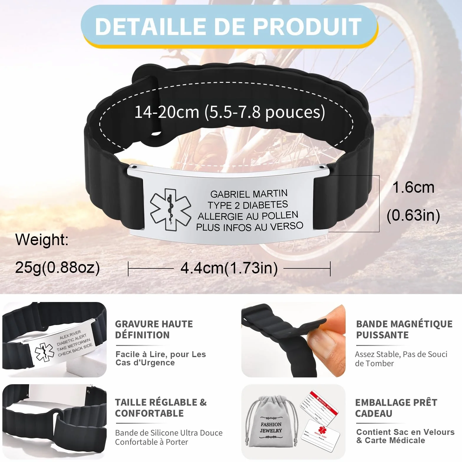 Gamtic Bracelet Médical Personnalisé Homme Femme - Imperméable Silicone Magnétique Réglable ID Sécurité SOS Sport Fitness