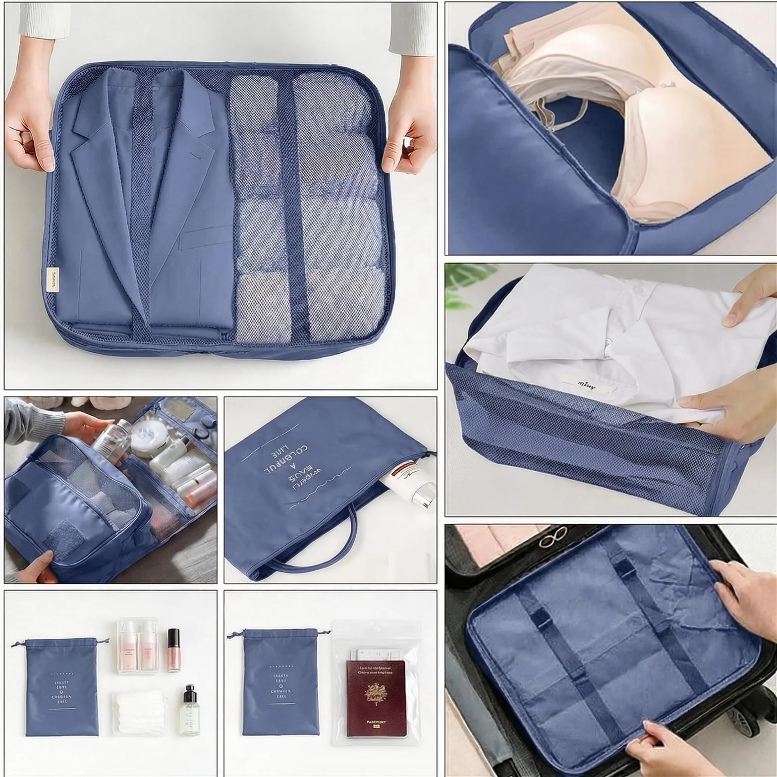 Organisateur Valise 8 Pièces, Packing Cubes de Voyage, Sacs Rangement Accessoires pour Vêtements Chaussures Cosmétiques Bleu Marine