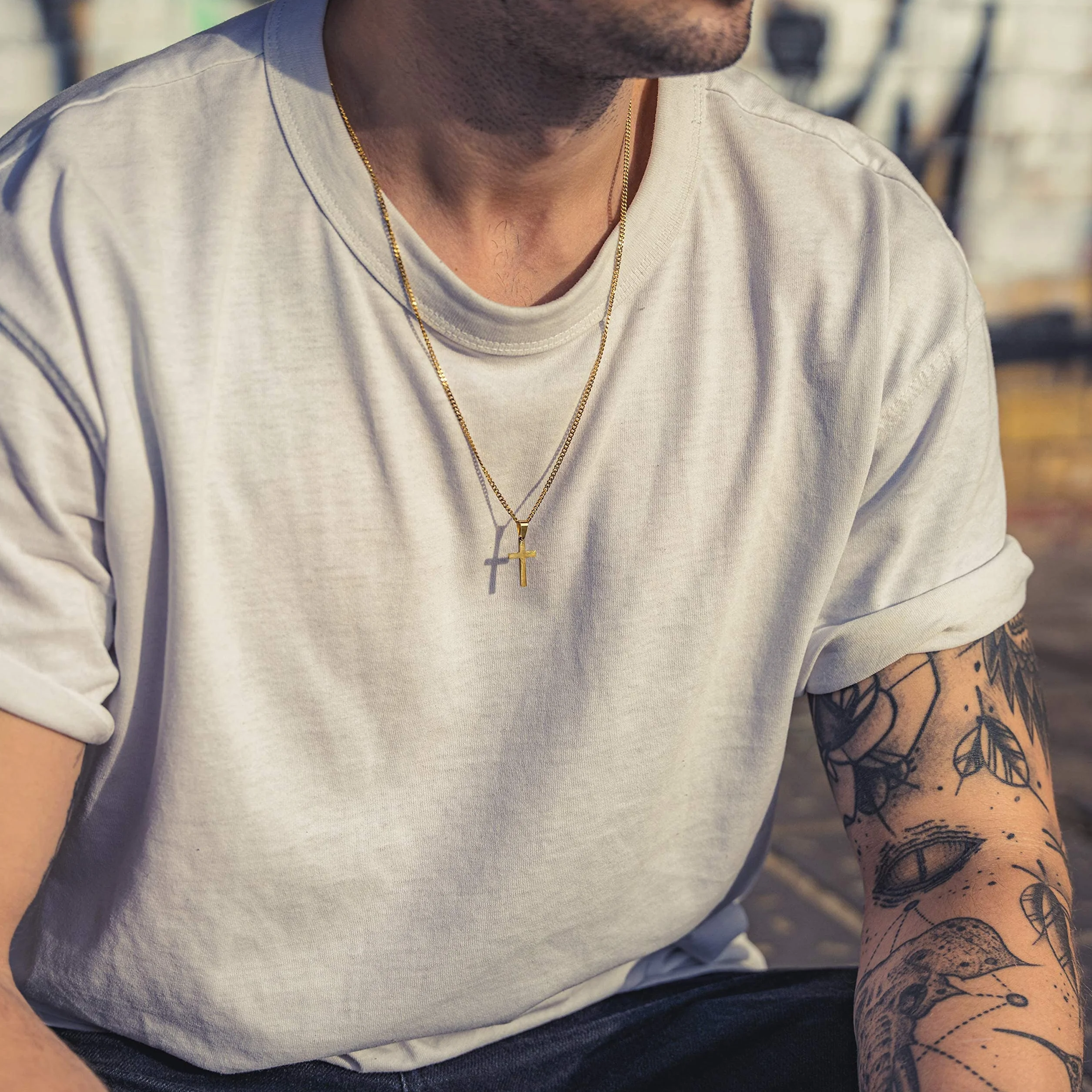 Chaîne en Or pour Homme 60 cm Acier Inoxydable Collier Pendentif Croix Artisanale