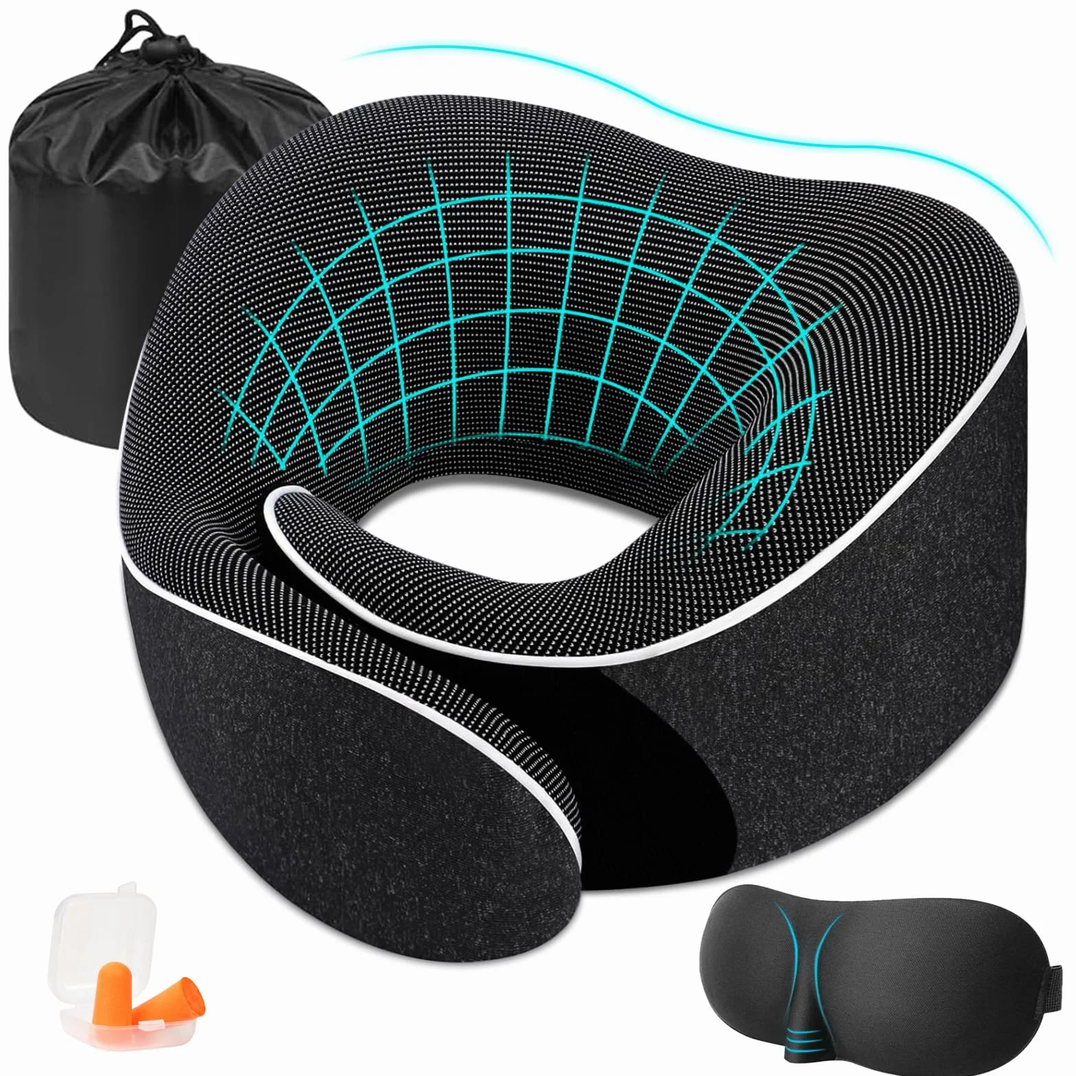 Coussin de Voyage Mémoire Forme pour Adultes avec Bouchons d'Oreille et Sac de Rangement - Avion Train