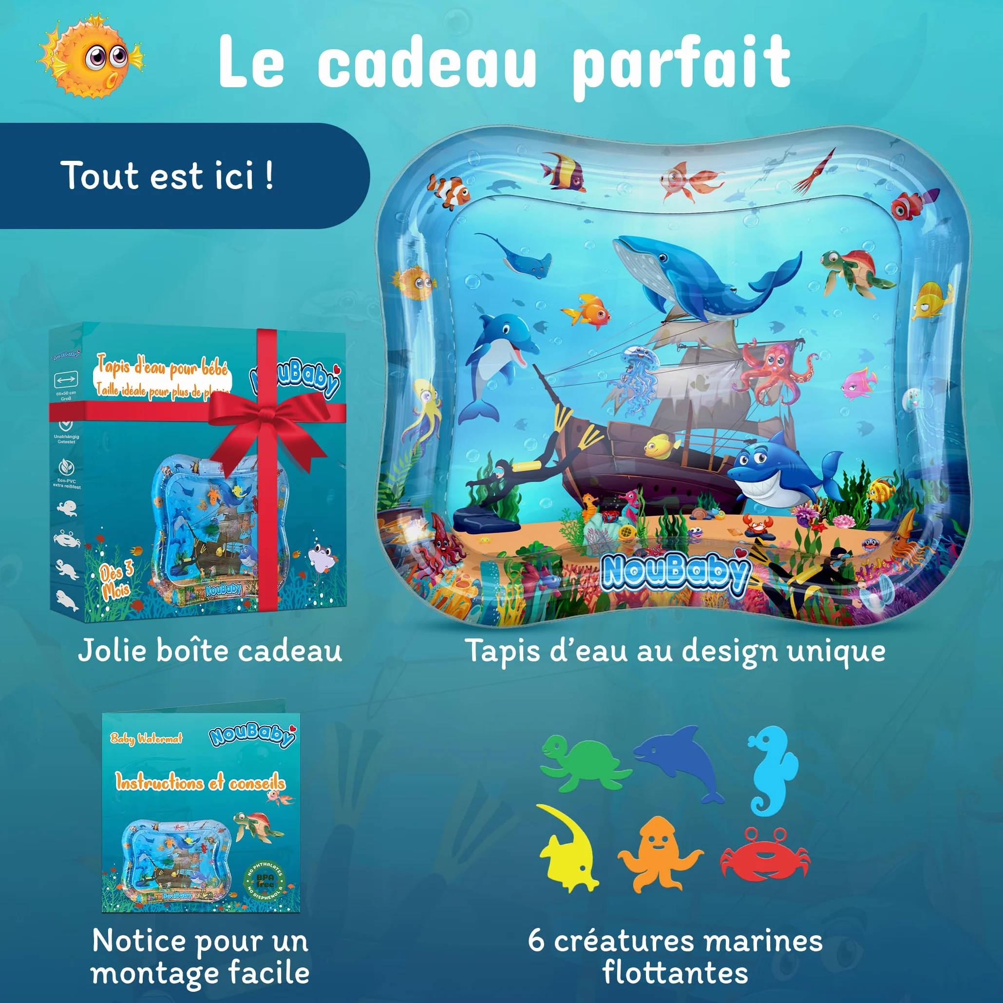 NouBaby Tapis Eau Bebe Eveil Sensoriel Tummy Time XXL 0-6 Mois Cadeau Bebe