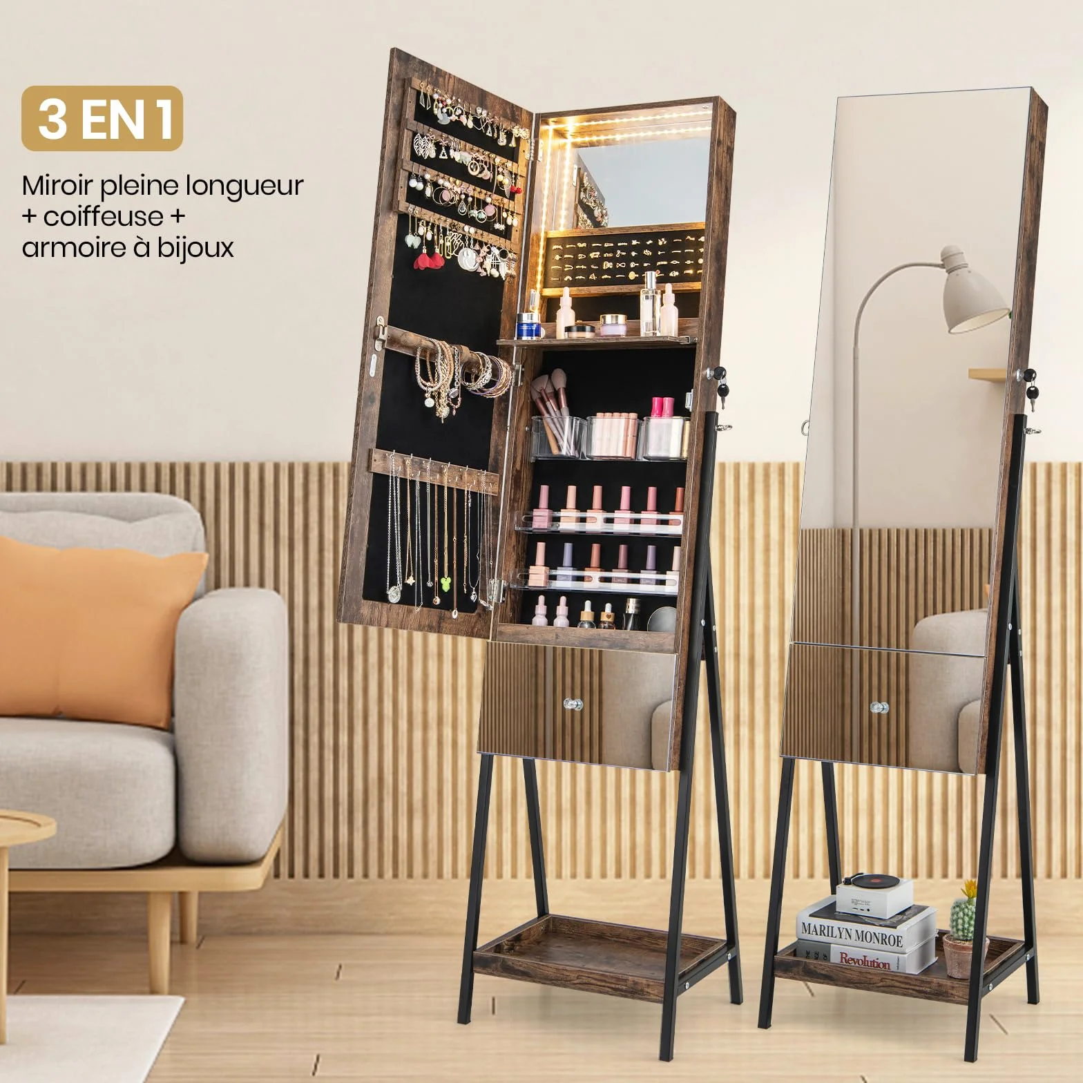 GOPLUS Armoire à Bijoux sur Pied 166CM avec Lumières LED 3 Couleurs, Miroir Pleine Longueur, Verrouillable (Marron)