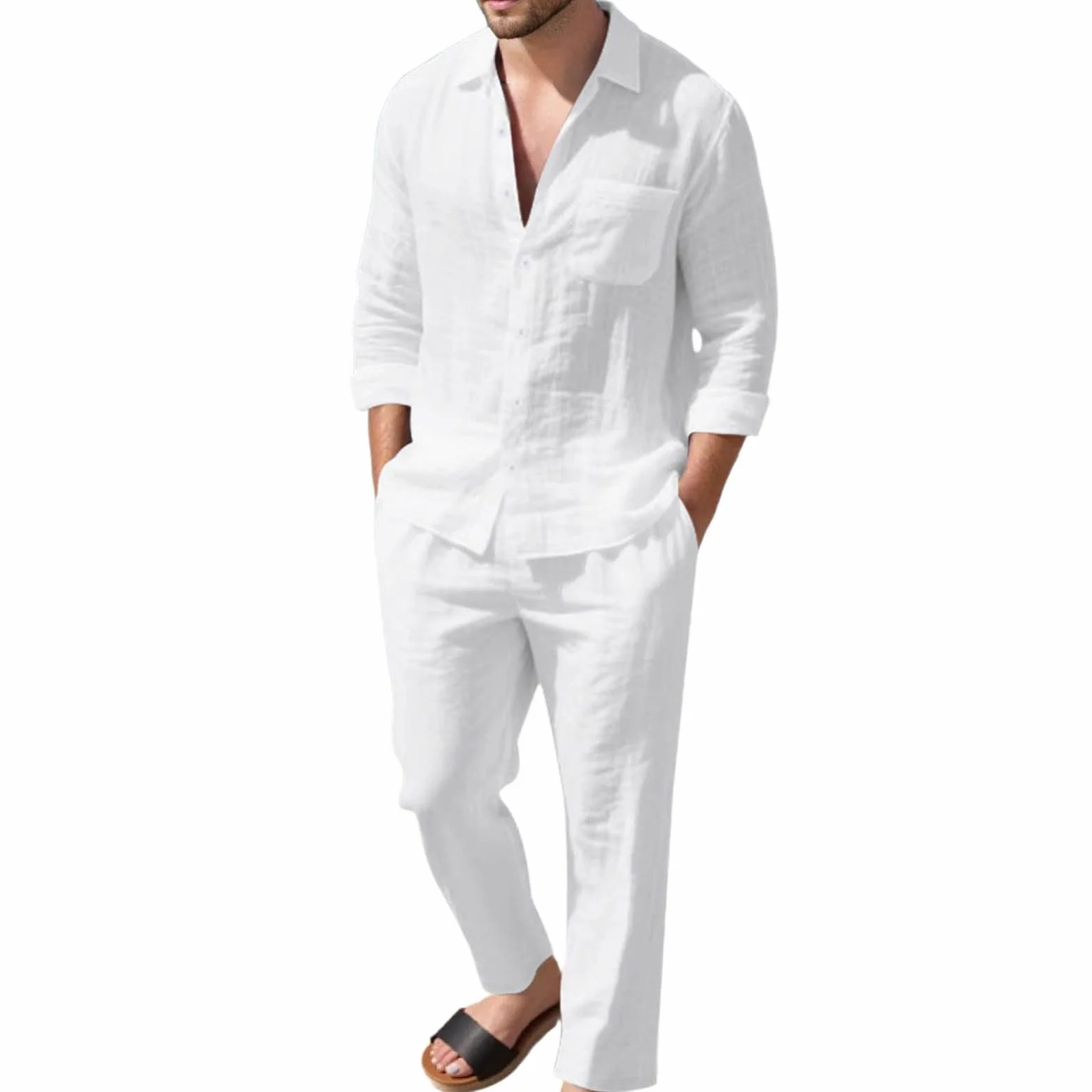 Ensemble en Lin 2 Pièce Homme Casual Chemises à Manches Longues et Pantalons Survêtement Jogging Été