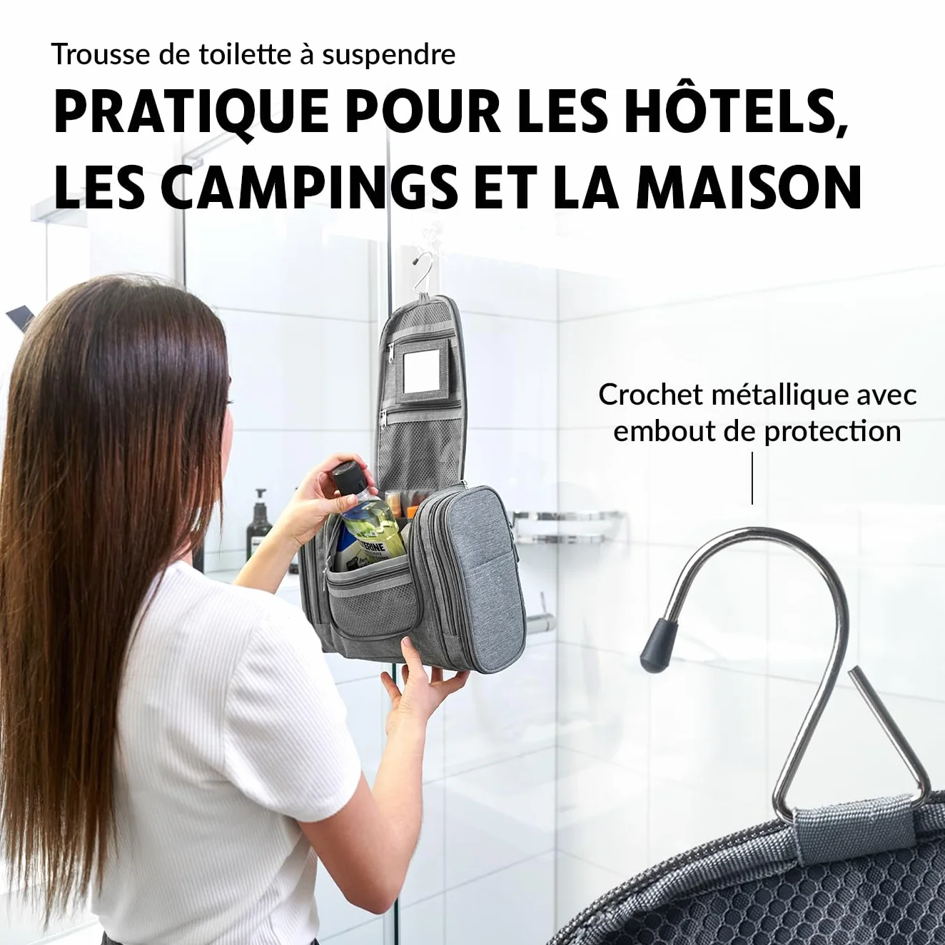 Obics® Trousse de Toilette Voyage 8L Gris Grand Sac à Cosmétiques avec Poignée de Suspension et Miroir 10 Compartiments