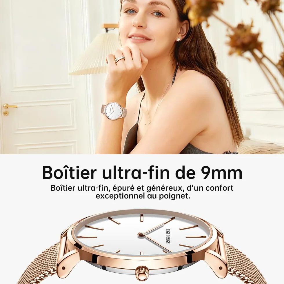 LIGE Montre Femme Ultra-Plate Acier Inoxydable Étanche Grand Cadran Analogique Quartz