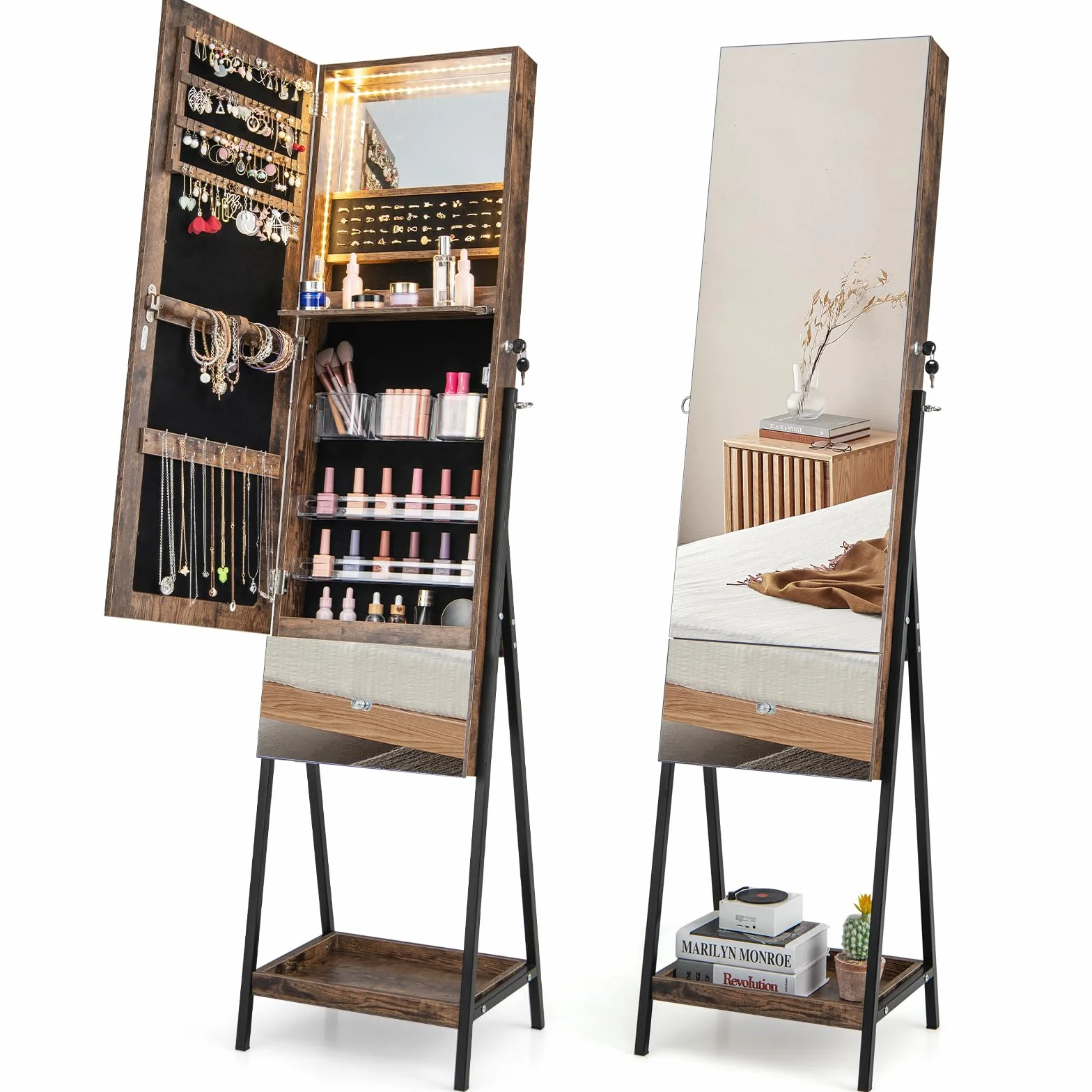 GOPLUS Armoire à Bijoux sur Pied 166CM avec Lumières LED 3 Couleurs, Miroir Pleine Longueur, Verrouillable (Marron)