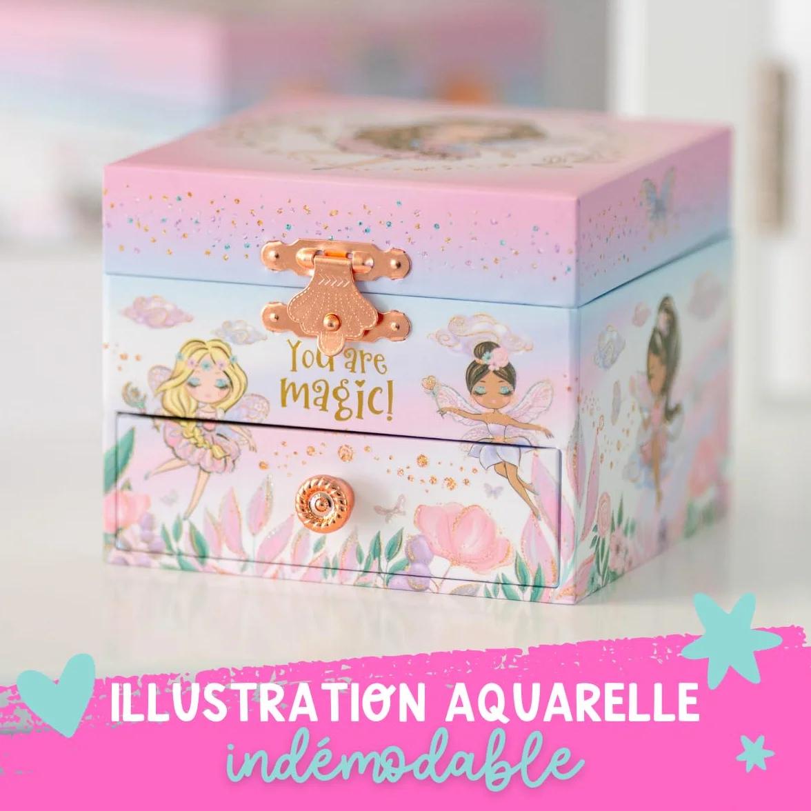 Boîte à Bijoux Musicale pour Filles avec Miroir, Cadeau Princesse 3-10 ans, Rose