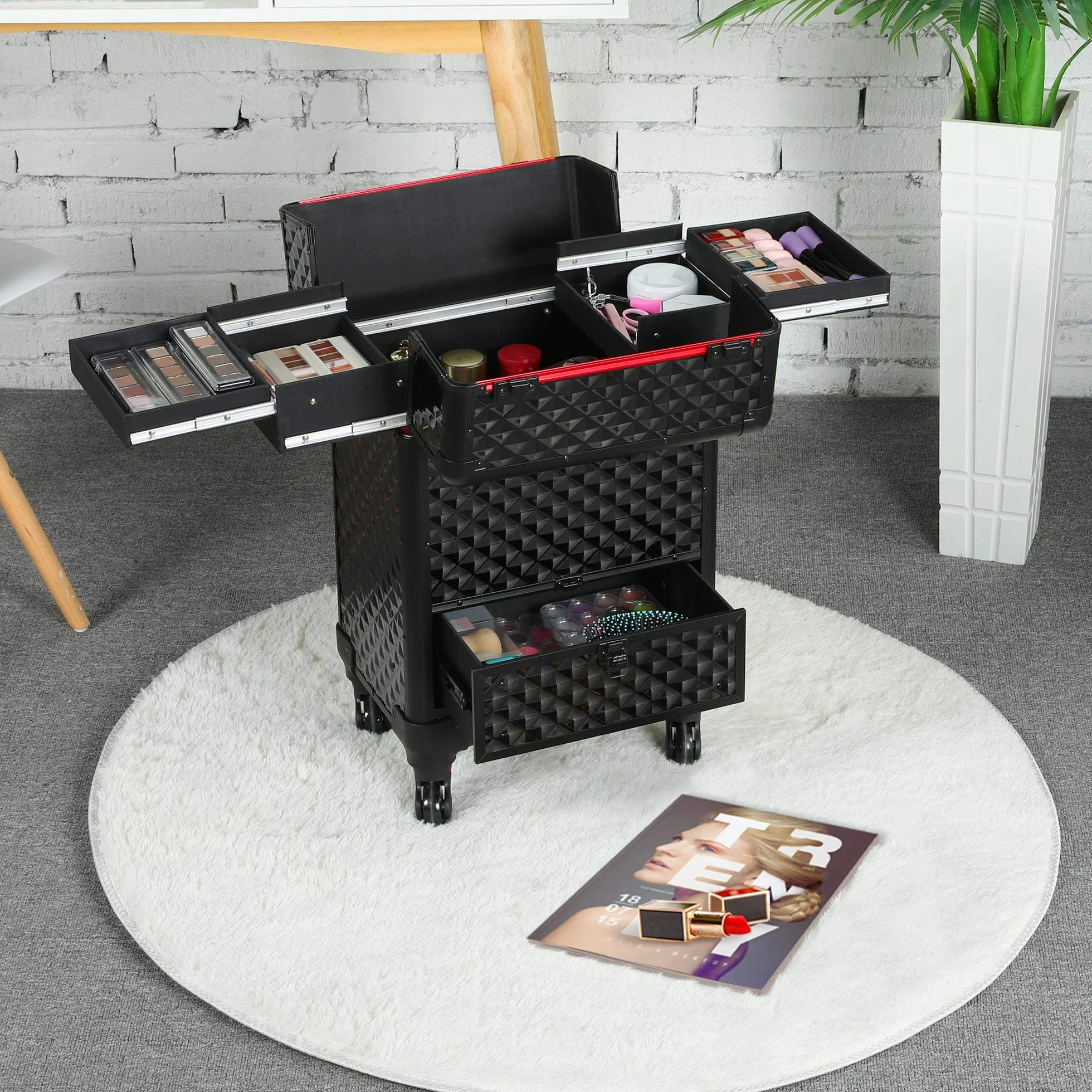 Yaheetech Valise de Maquillage Professionnel 1 Tiroir Mallette Verrouillable 4 Plateaux Rétractables 34x24x55 cm Noir Rouge