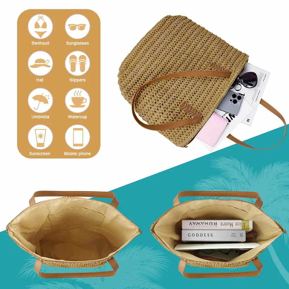 Sac à bandoulière en paille pour femme, grand sac de plage à fermeture éclair, fourre-tout bohème d'été