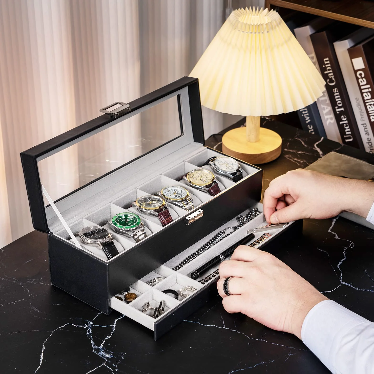 ProCase Boite a Montre 2 Niveaux 6 Emplacements avec Coussins Couvercle en Verre Noir