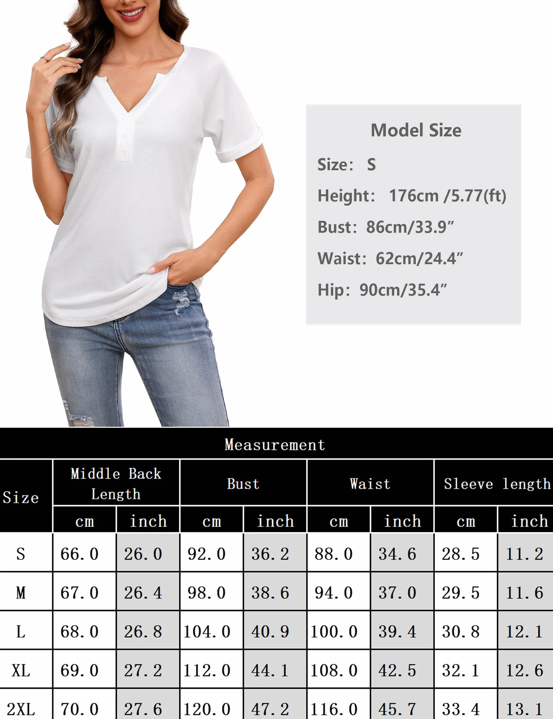 Demegimi T Shirt Femme Col V Boutonne Manches Courtes Coton Coupe Ample Taille S-XXL