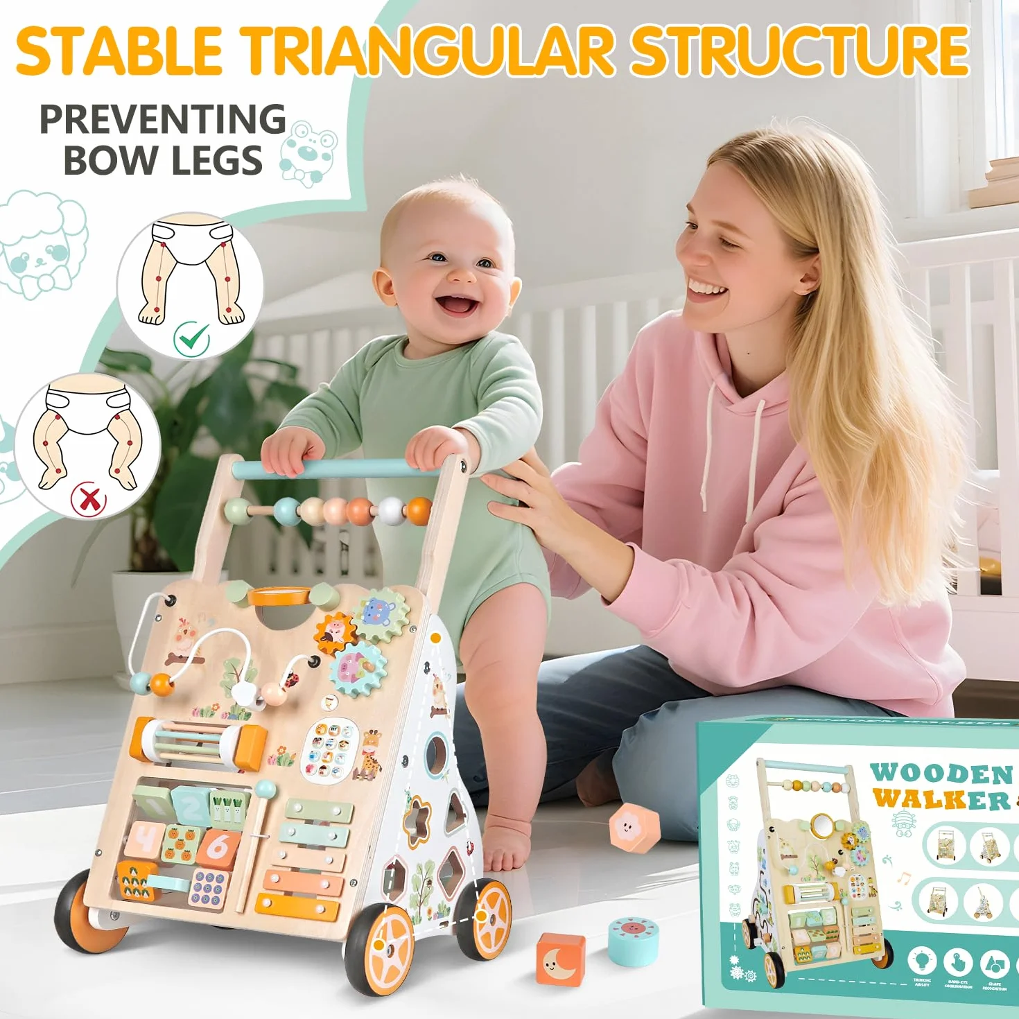 Chariot de Marche en Bois Montessori pour Bébé – Trotteur avec Centre d’Activités – Hauteur et Vitesse Réglables – 12 Mois+