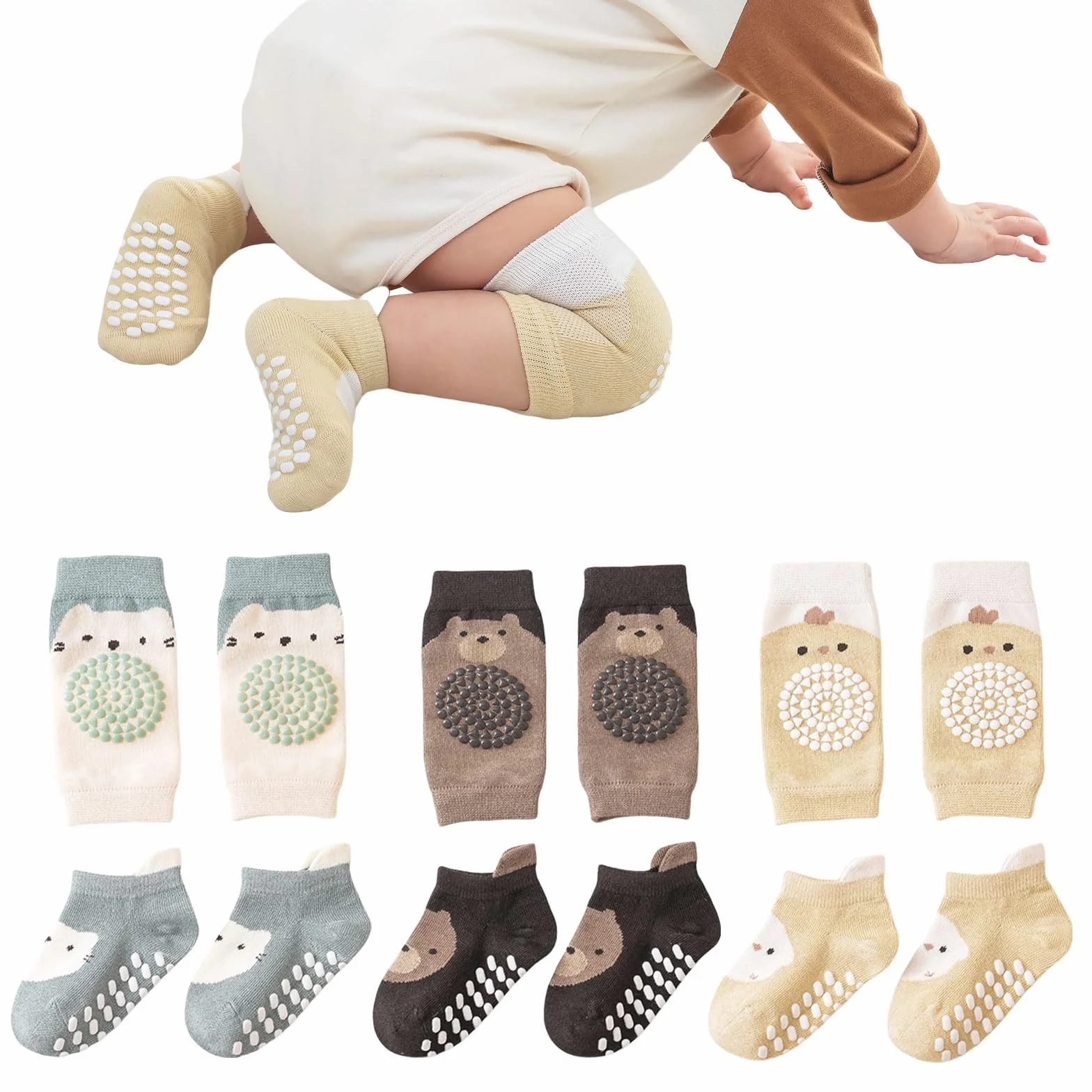 Genouillères et chaussettes pour bébé, ensemble rampant 0-12 mois, 3 paires