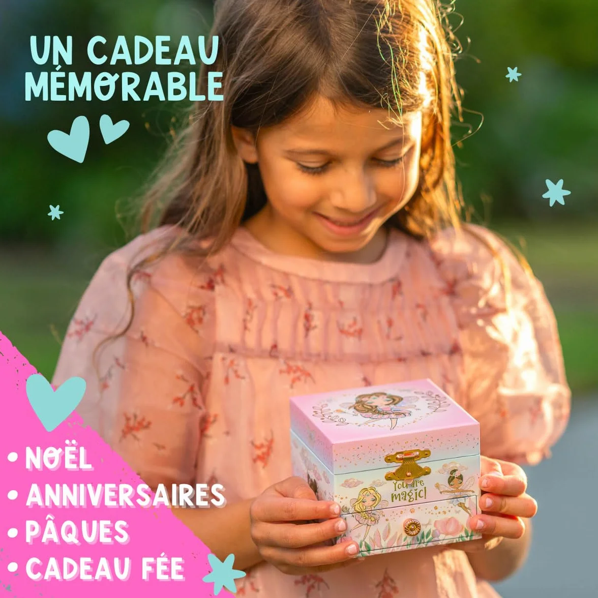 Boîte à Bijoux Musicale pour Filles avec Miroir, Cadeau Princesse 3-10 ans, Rose