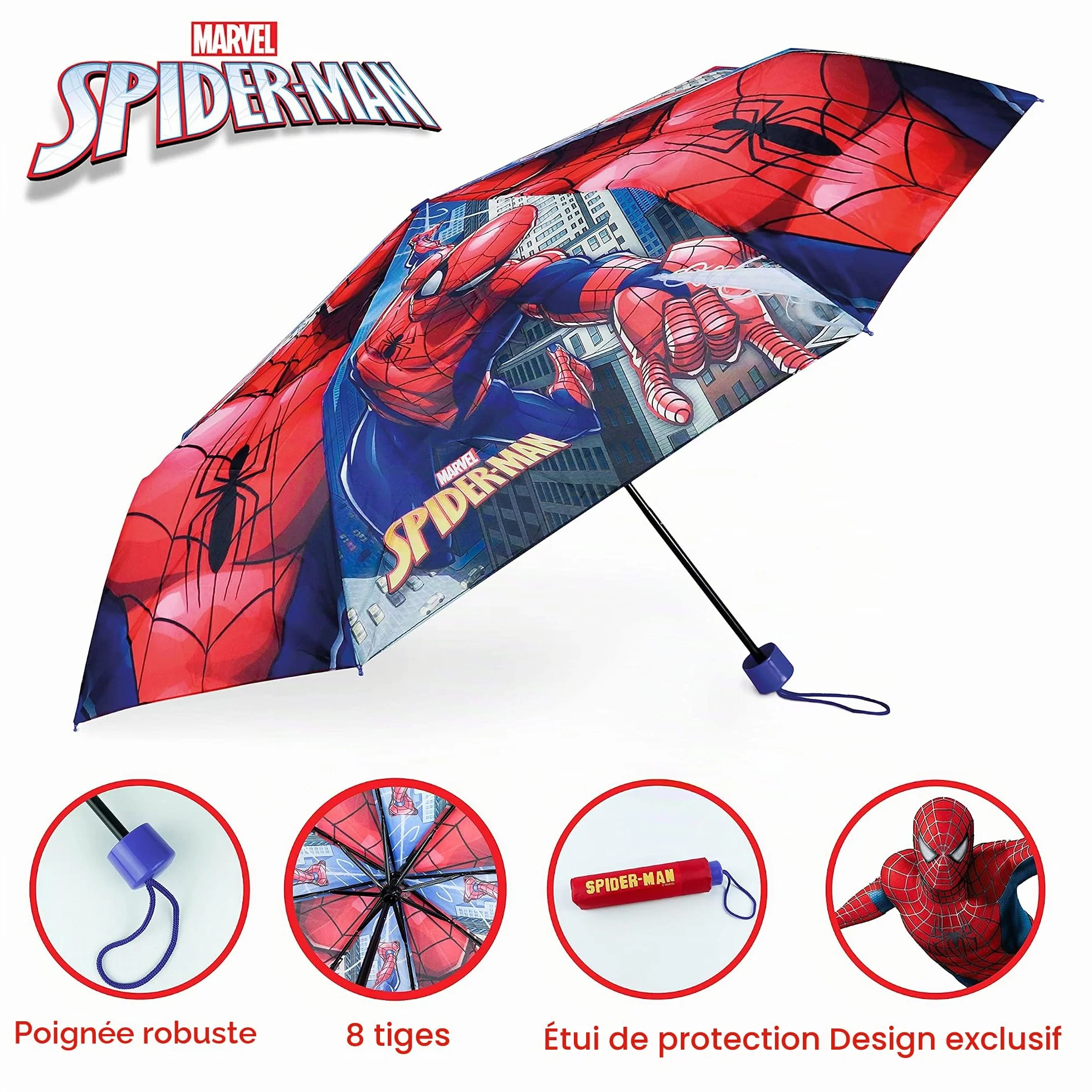 BONNYCO Parapluie Enfant Spiderman Pliant Compact Structure Renforcée Anti Tempête