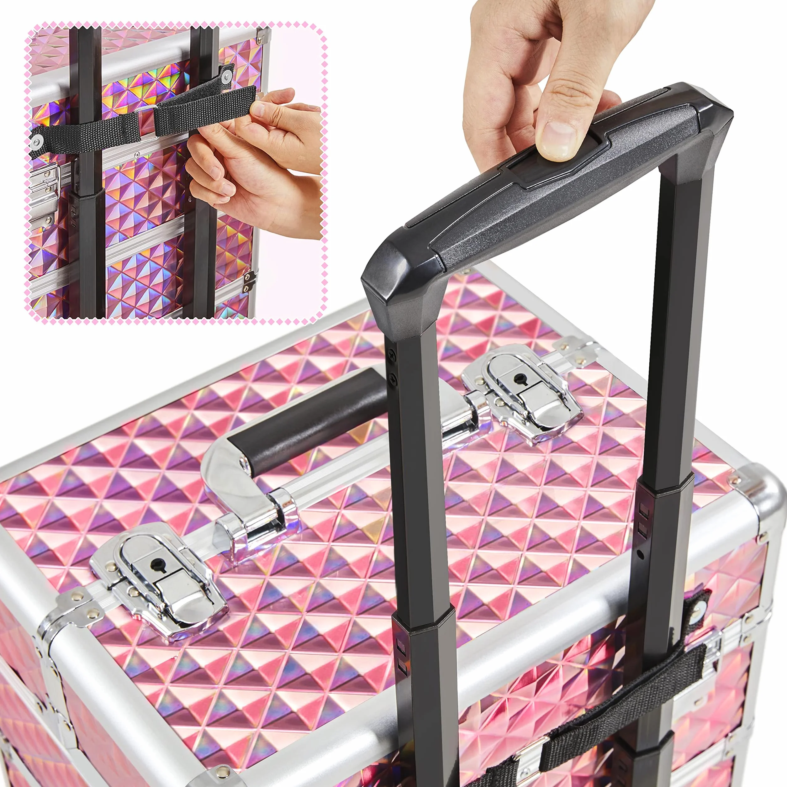 Abician Grande Valise de Maquillage 4 en 1 Mallette Professionnelle Beauty Case Voyage 34×25,5×80,2 cm Rose Pailleté