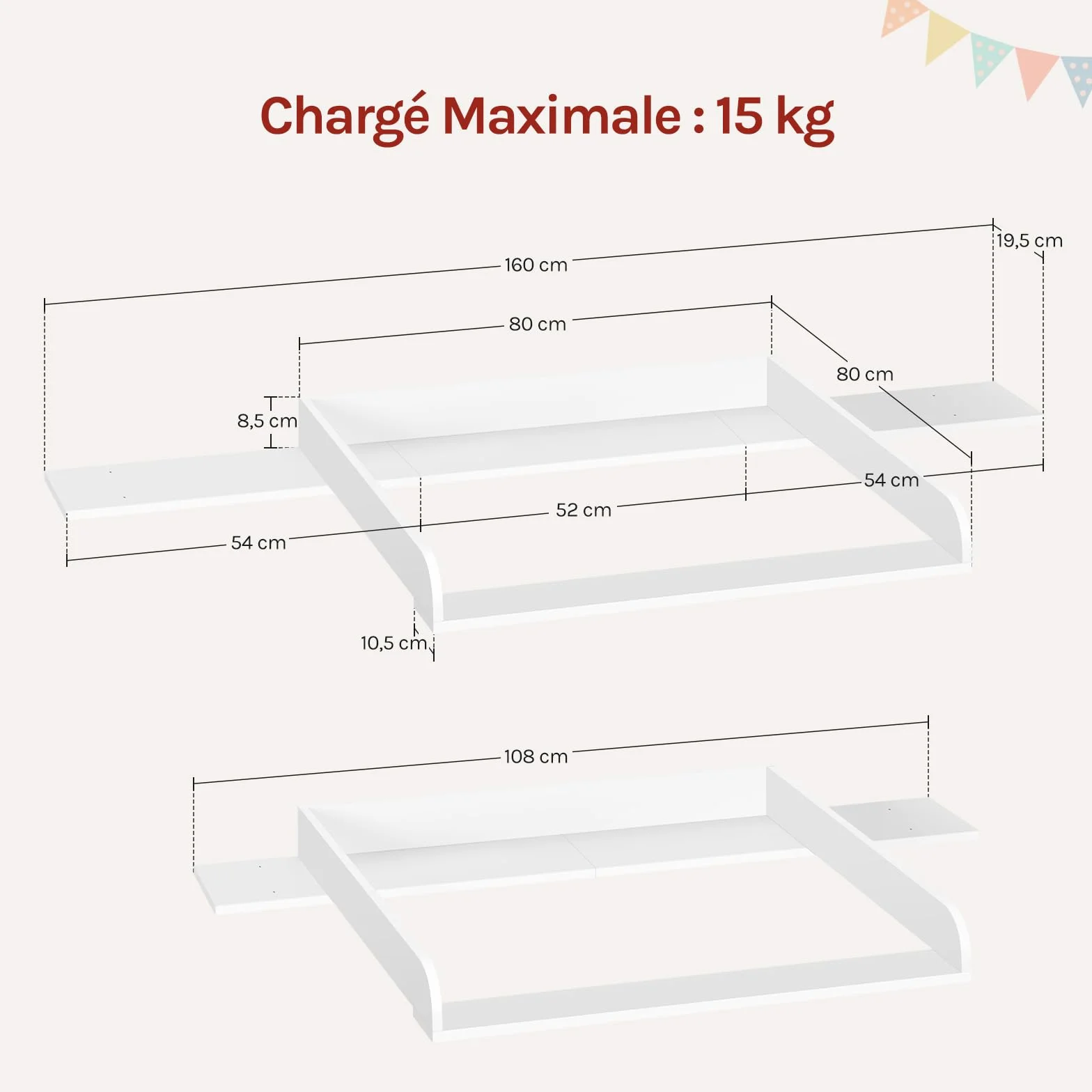 WOLTU Plan à Langer pour Commode, Plateau à Langer Universel, MDF, Blanc, 160 x 80 x 10 cm