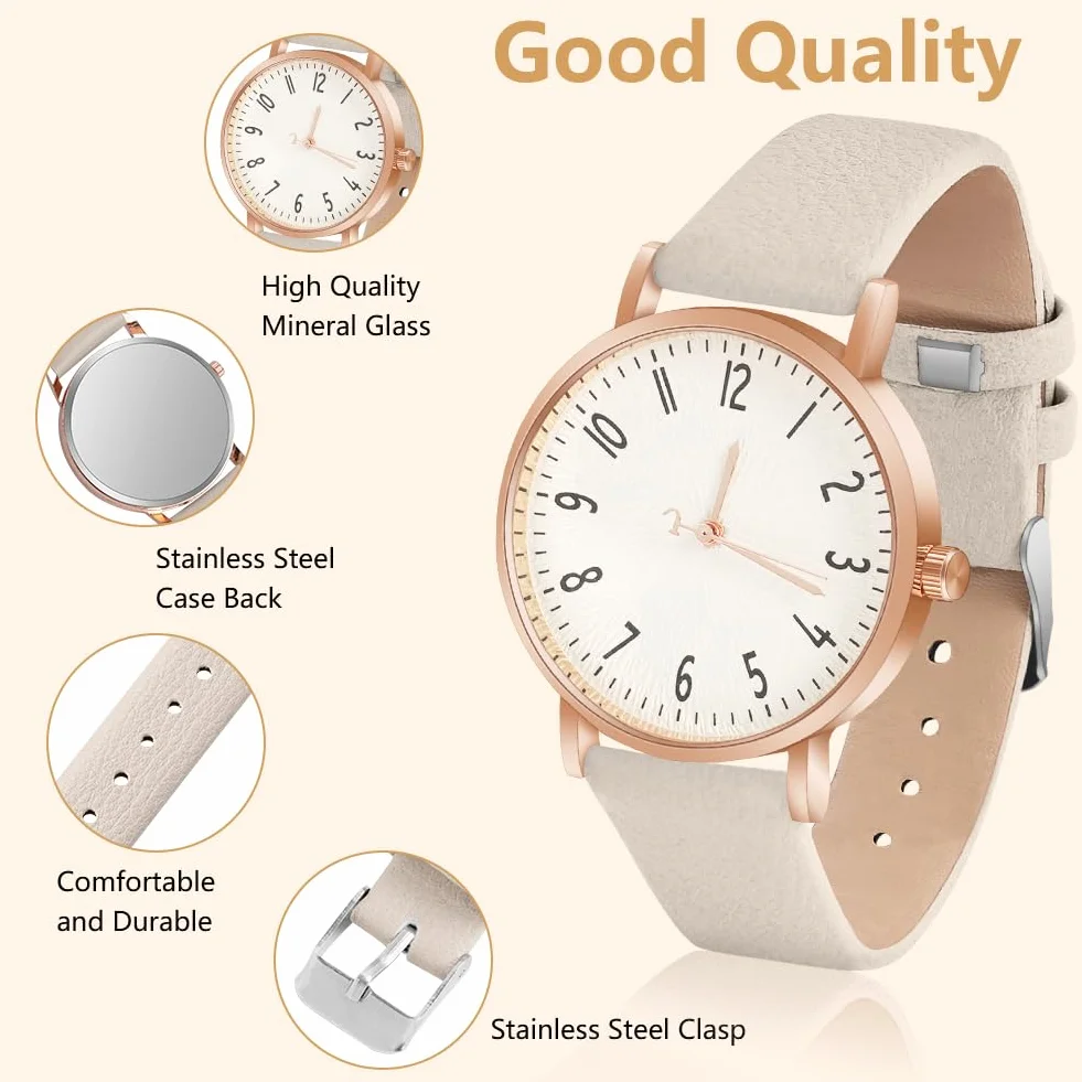 OFFCUP Montre Femme Bracelet Cuir Analogique Quartz Cadran Blanc 3 Aiguilles Poignet Ladies