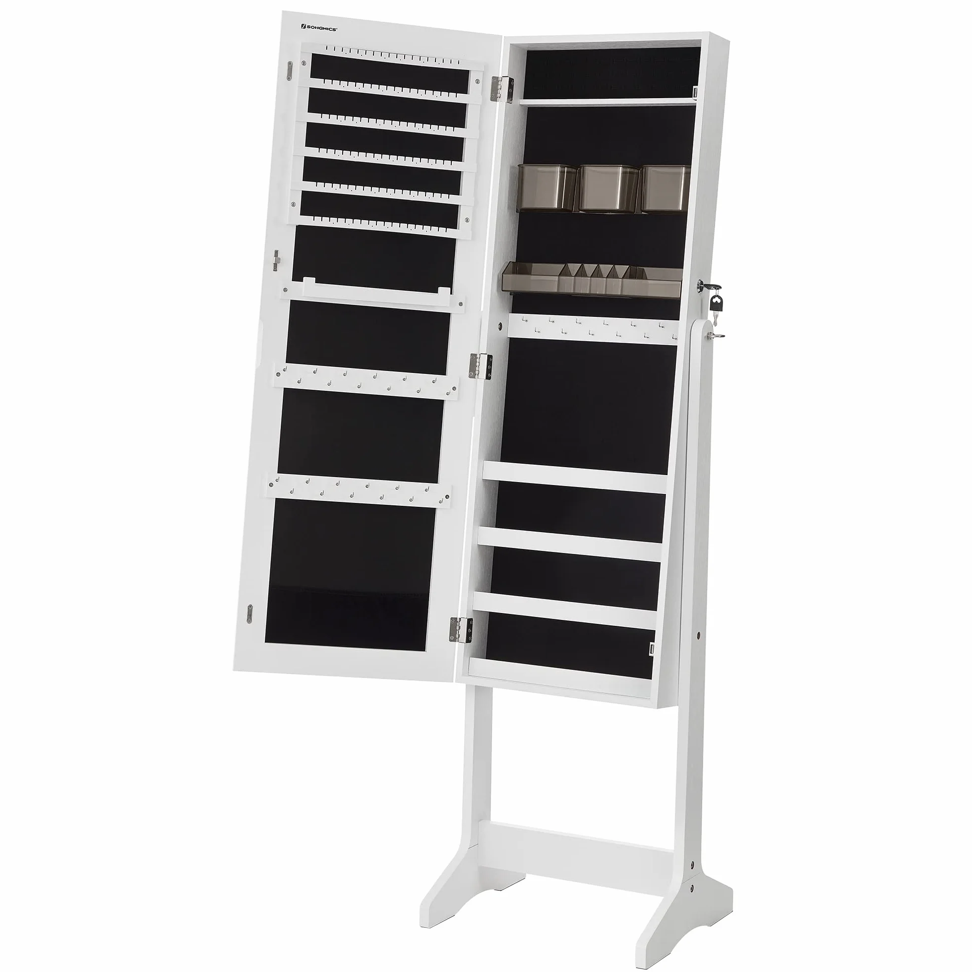 SONGMICS JJC002W01 Armoire à bijoux avec miroir, debout, verrouillable, blanc