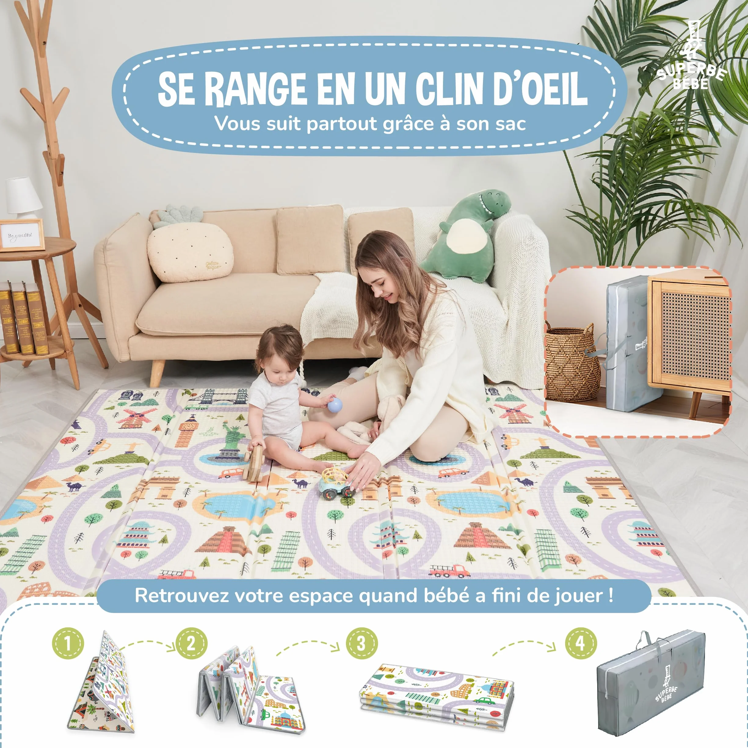 Tapis D'éveil Bébé Pliable Epais Réversible 180x200x1.5cm - Tapis De Jeu XXL En Mousse - Tapis De Motricité Sensoriel