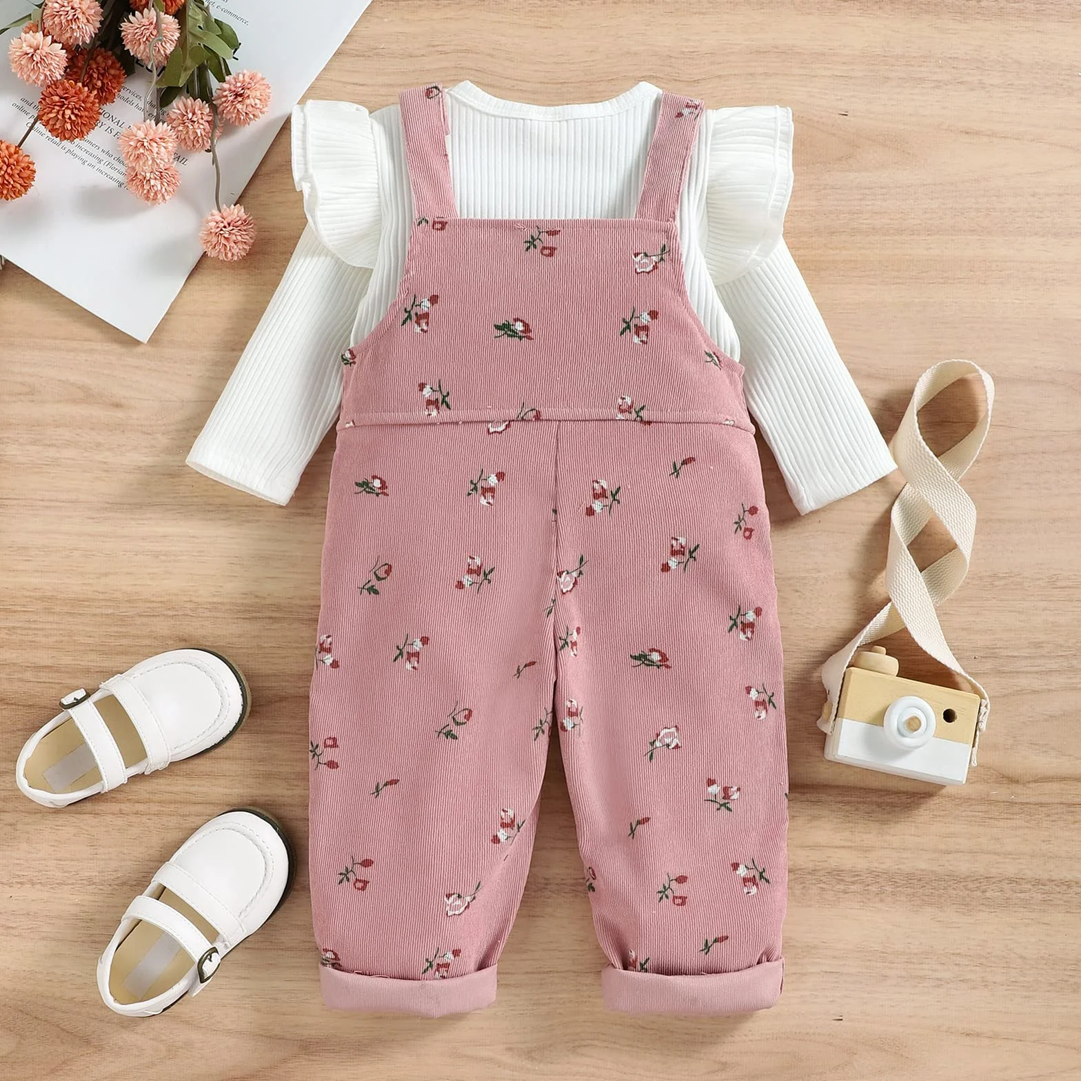 Ensemble Vêtements Bébé Fille Haut Manches Longues Tricot Côtelé Pantalon Bretelles Floral Poches