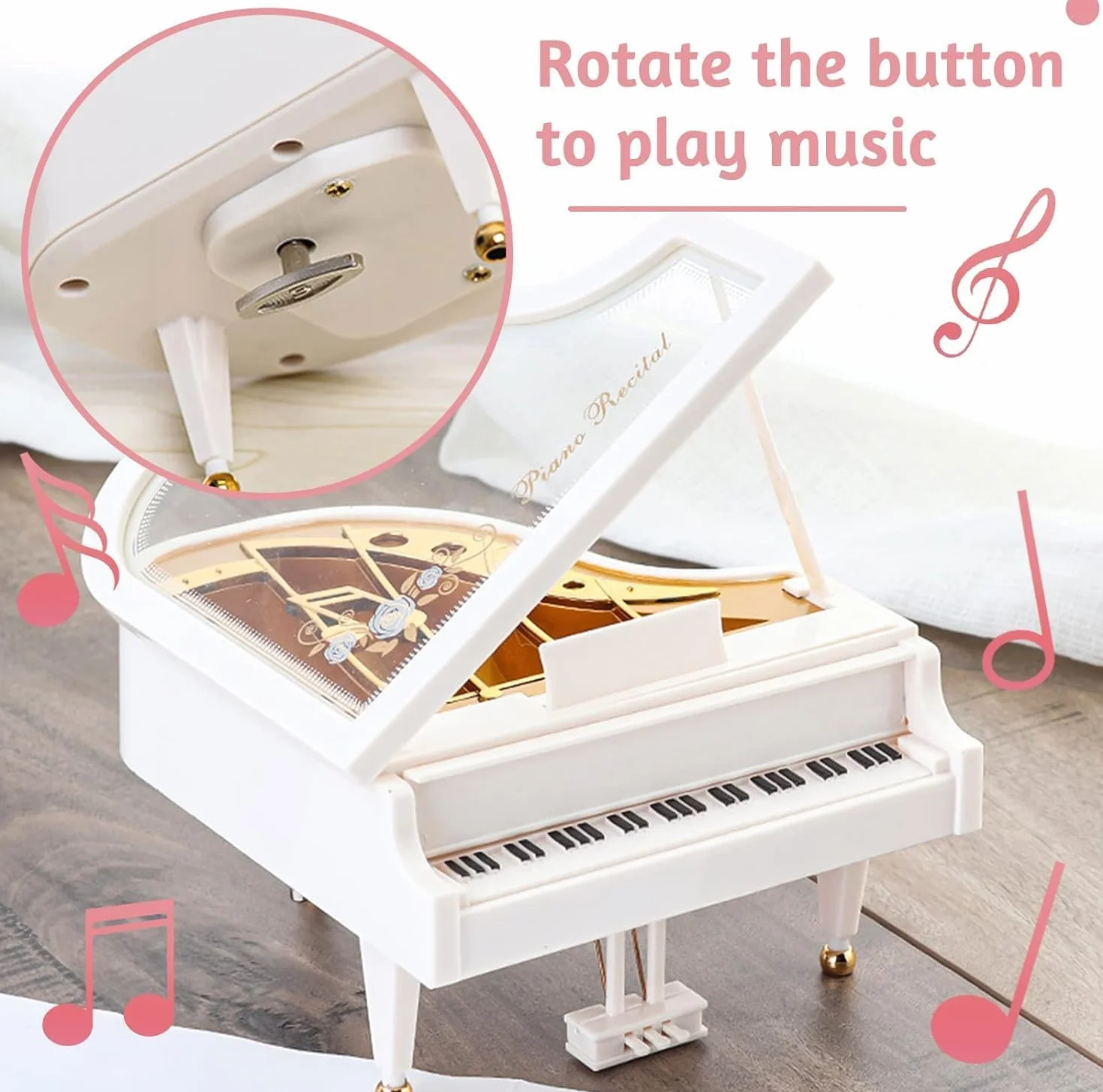 Boîte à Musique Piano Mini à Remonter pour Filles - Mélodie Classique, Blanc