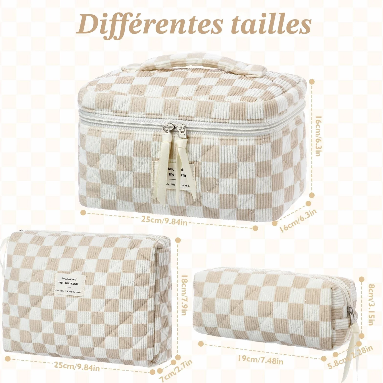 Lot de 3 Trousses de Toilette pour Femme Motif Floral Matelassée Portable Voyage (Kaki)
