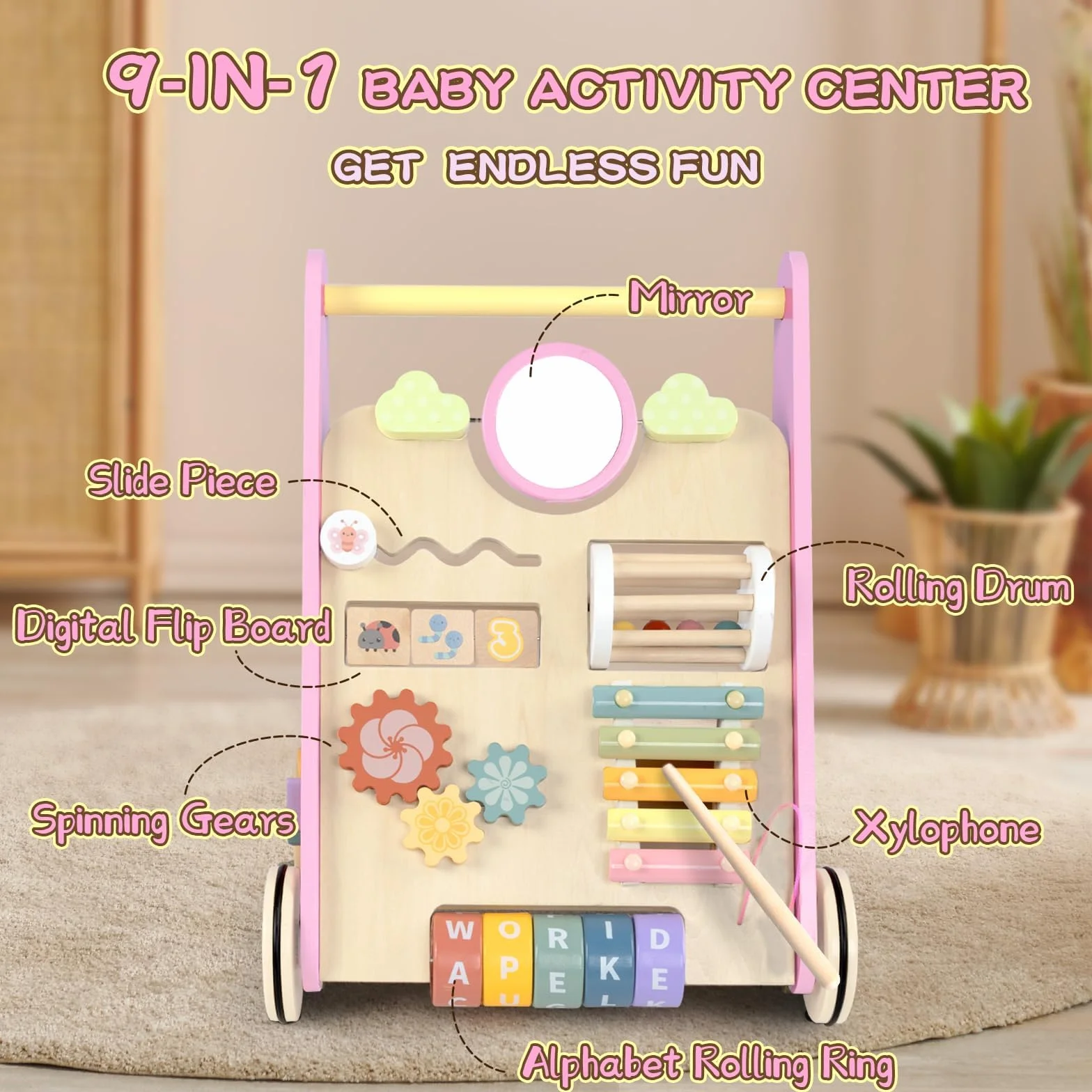 LOL-FUN Rose Trotteurs en Bois 10 en 1 Centre d'Activité Éducatif pour Enfant 1 An Cadeau Jouet d'Apprentissage Bébé 12 mois+