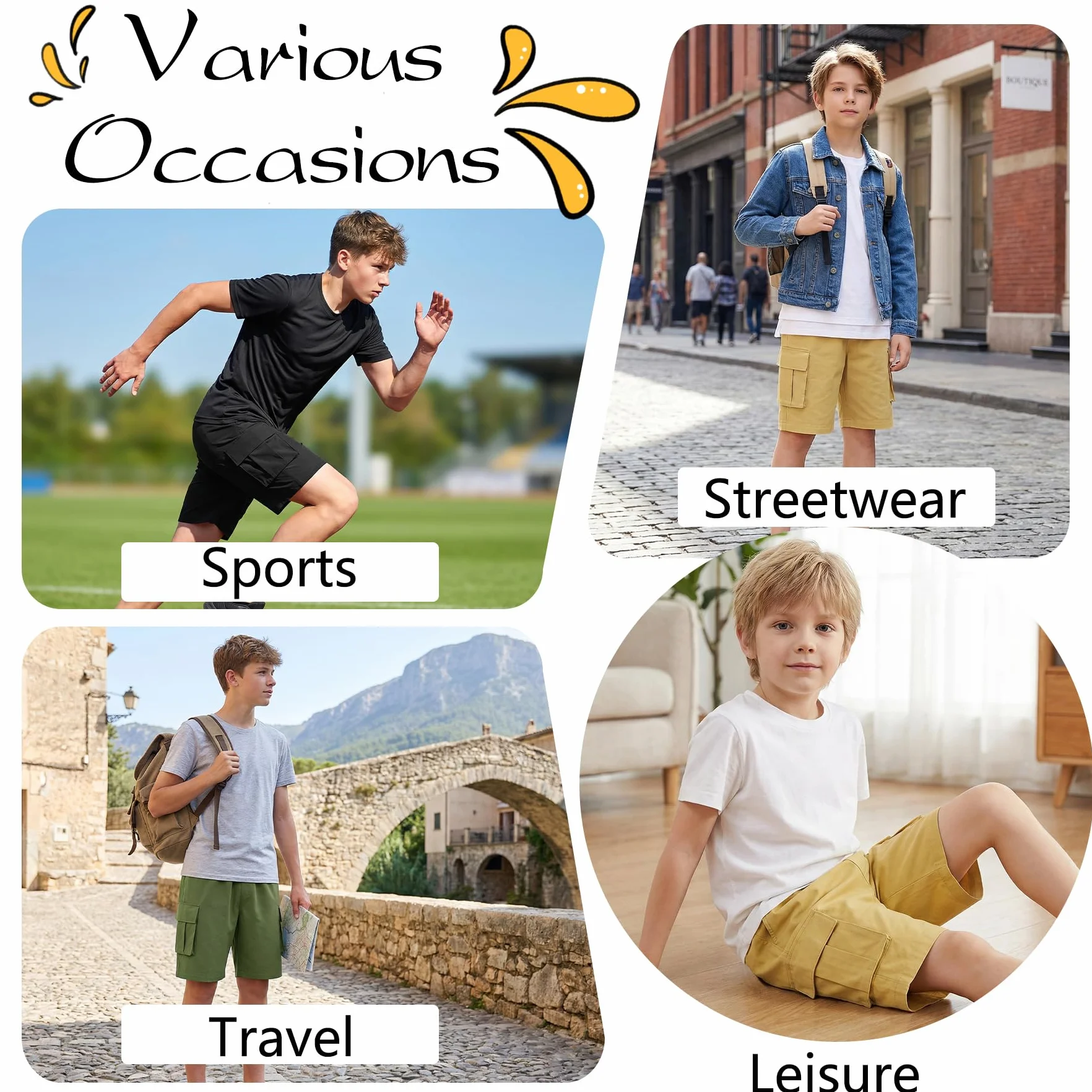 Short Cargo Garçon Ceinture Élastique Multi-Poches Léger Pantalon de Sport Respirant Enfants 7-15 Ans