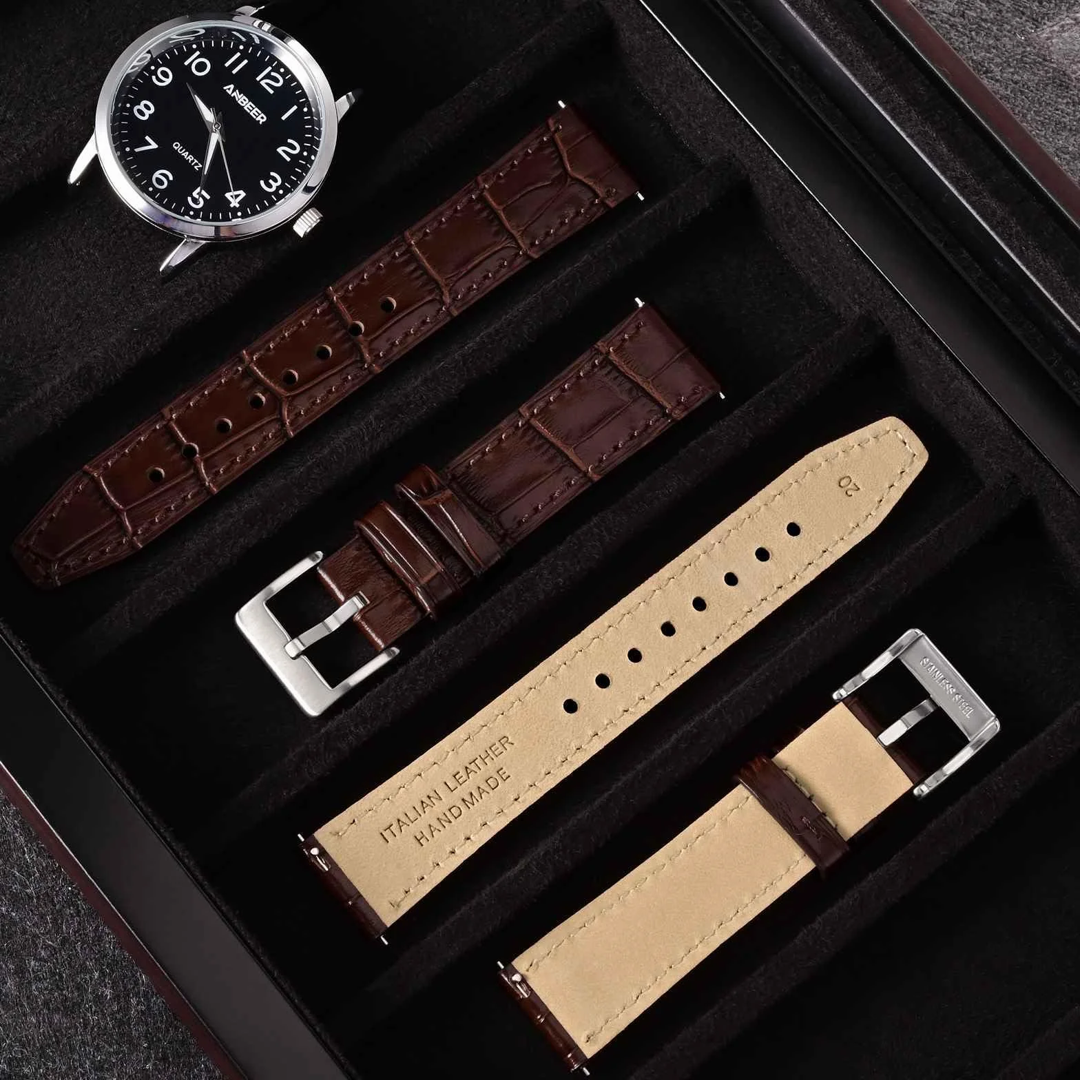 Anbeer Bracelet de montre en cuir italien gaufré grain alligator, dégagement rapide, 18mm 20mm 22mm 24mm