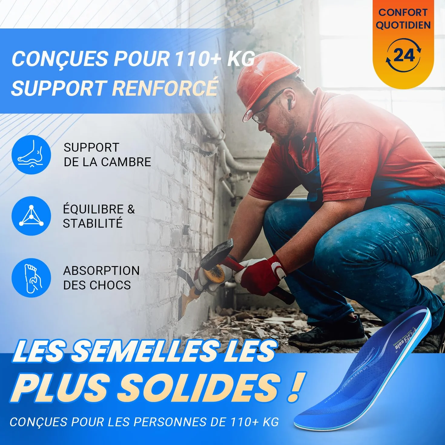 PCSsole Semelles Orthopédiques Support d'Arche Intensité Élevée 110kg+ pour Fasciite Plantaire, Pronation, Pieds Plats