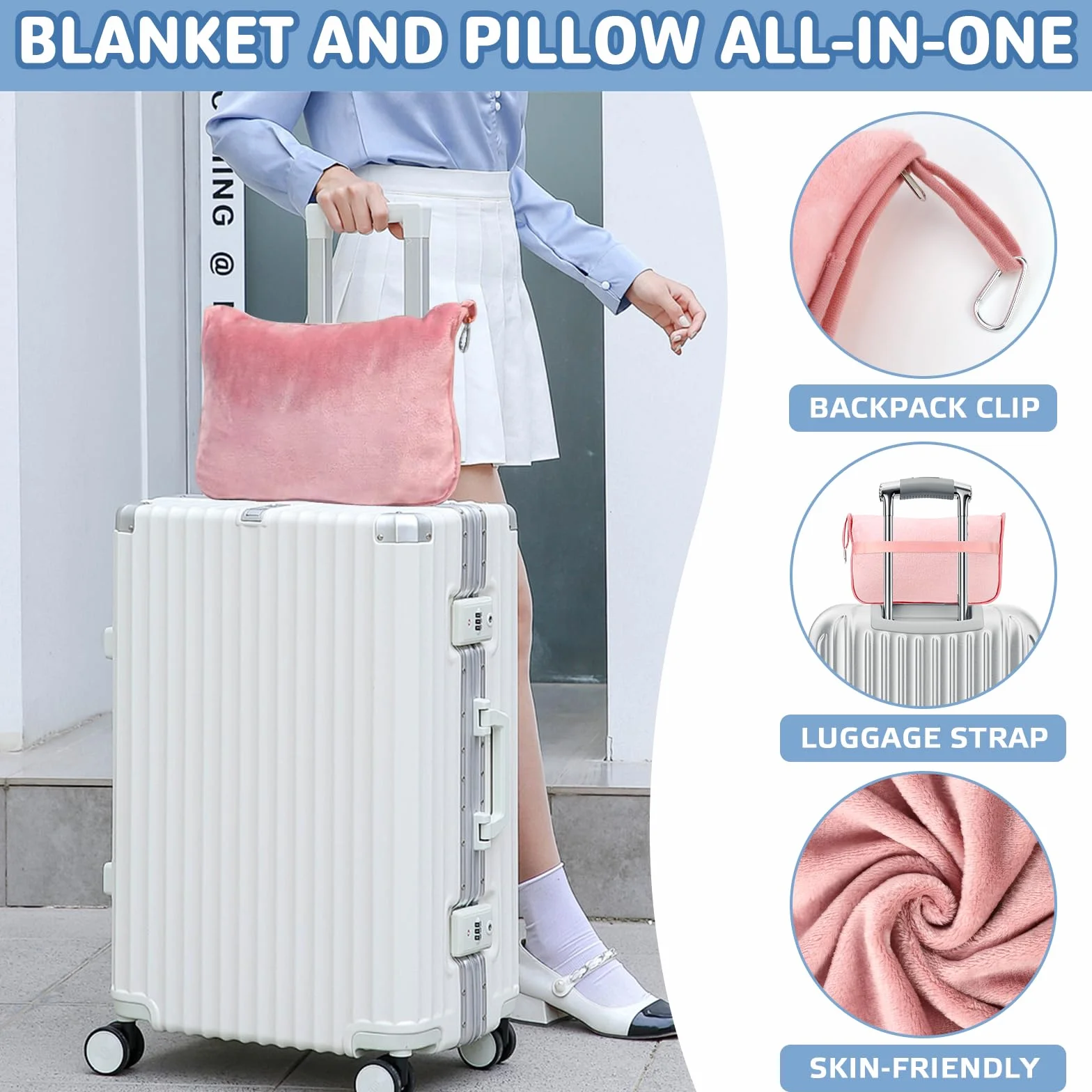 Couverture de voyage 2 en 1 avec taie d'oreiller douce - Coussin transformable - Couverture d'avion chaude