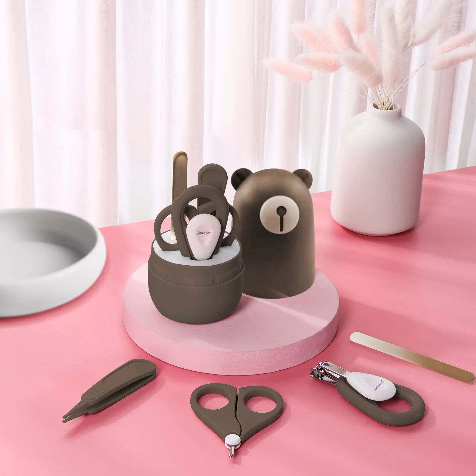 Ensemble de toilettage 6 en 1 pour bébé, brosse et peigne en bois naturel, ciseaux à ongles, lime et pince à épiler
