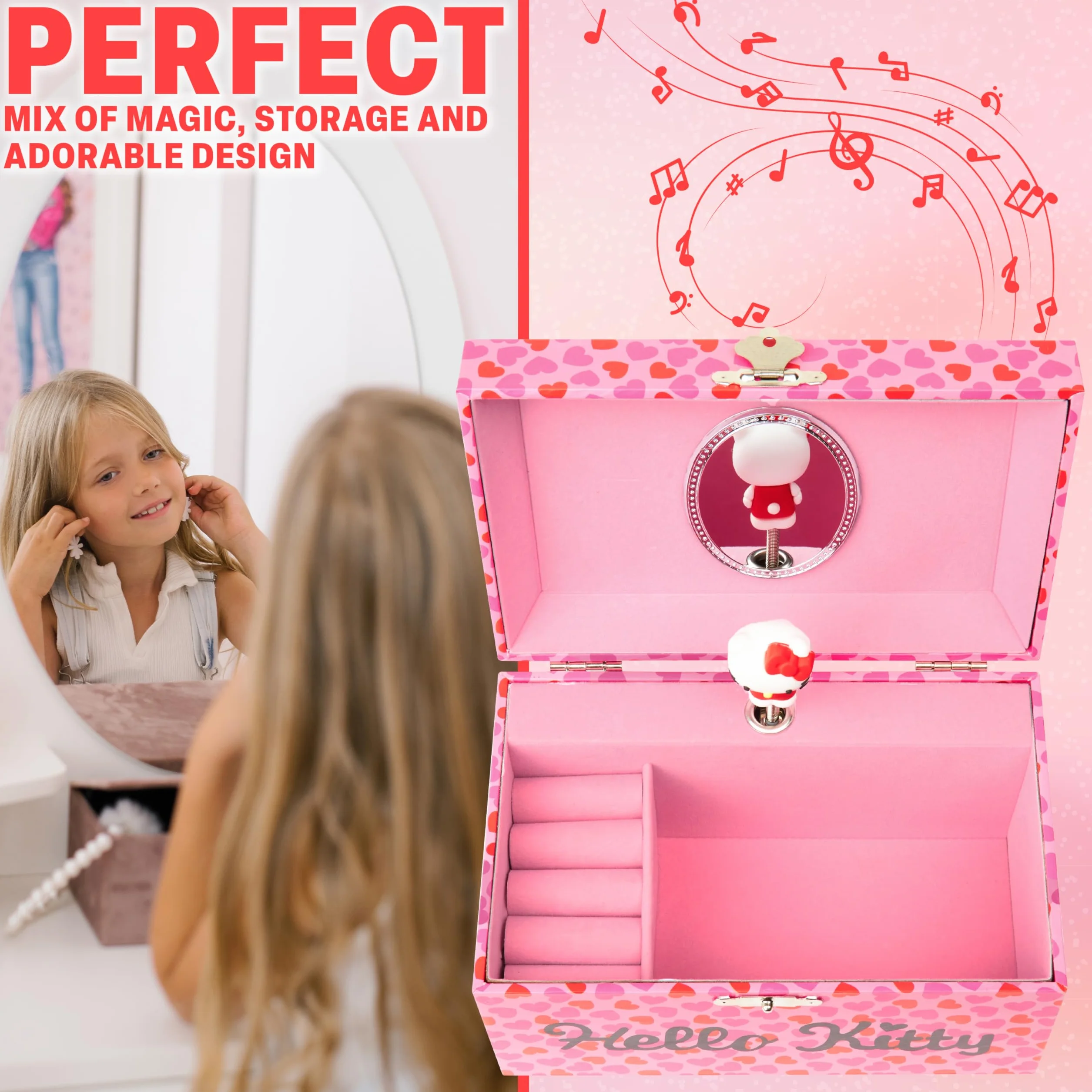 Hello Kitty Sanrio Boîte à Bijoux Musicale Fille Ado Coffret Kawaii Miroir Tiroirs Rangement Rose