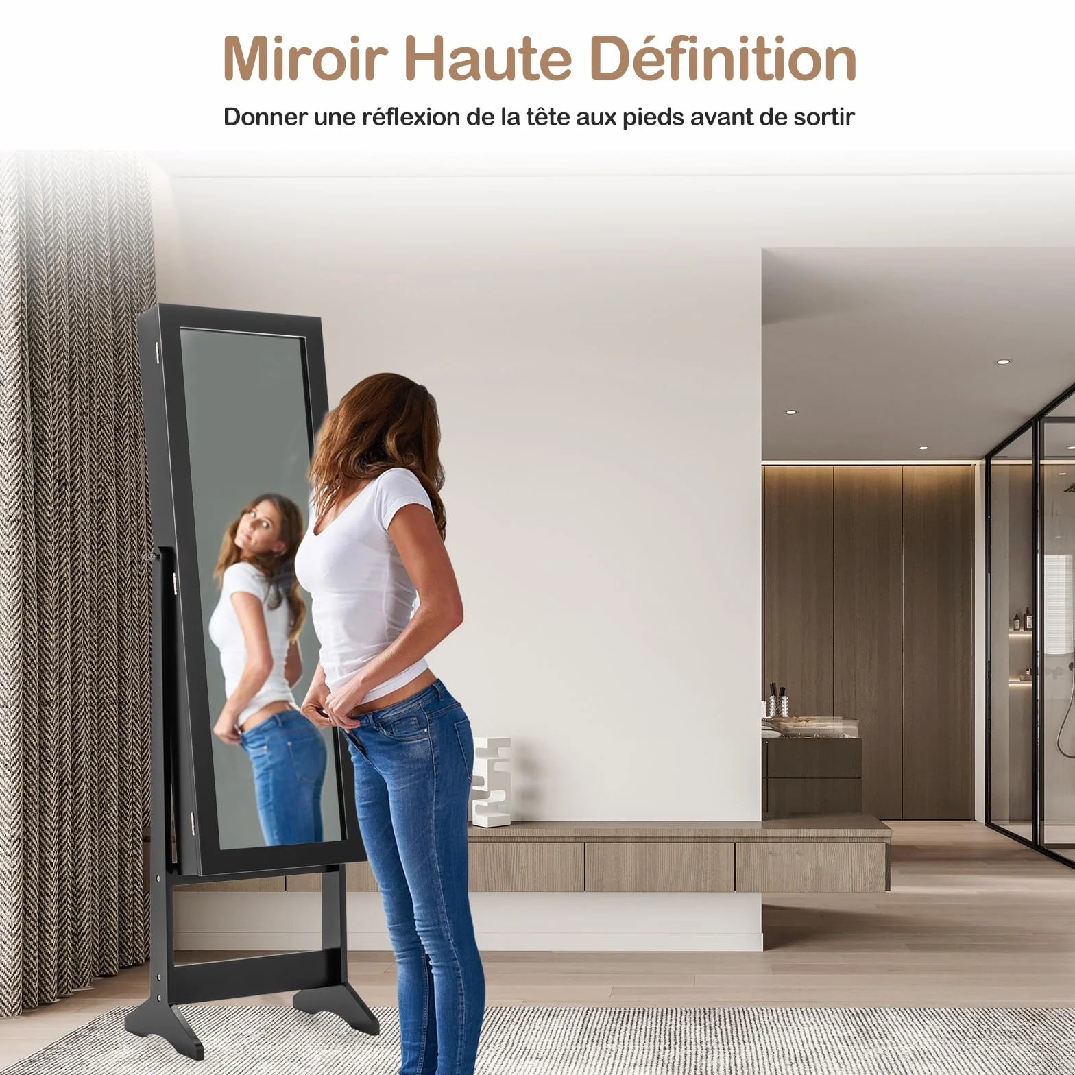 GOPLUS Armoire à Bijoux sur Pied avec Miroir Inclinable, Grand Rangement, Noir