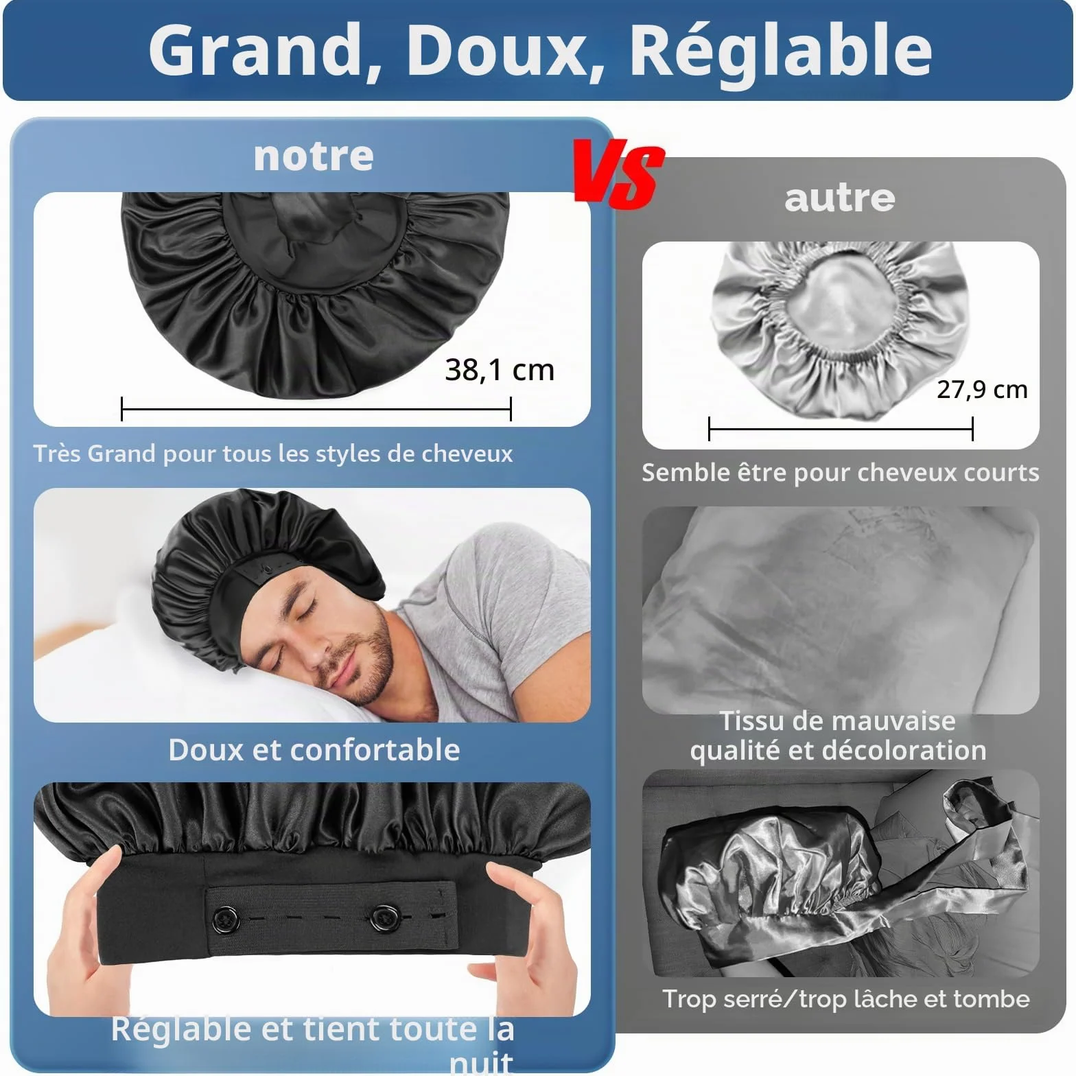 Bonnets en Soie pour Homme, Bonnet de Sommeil Double Couche avec Ourlet Réglable, Idéal pour Tresses Bouclées, Reste en Place (Noir)