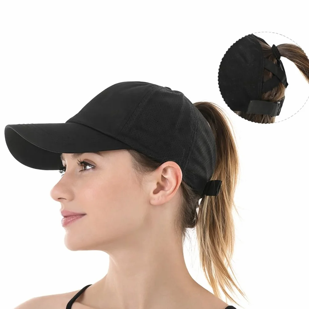 Casquette de Course Femme Noire Maille Séchage Rapide Réglable Sport Légère