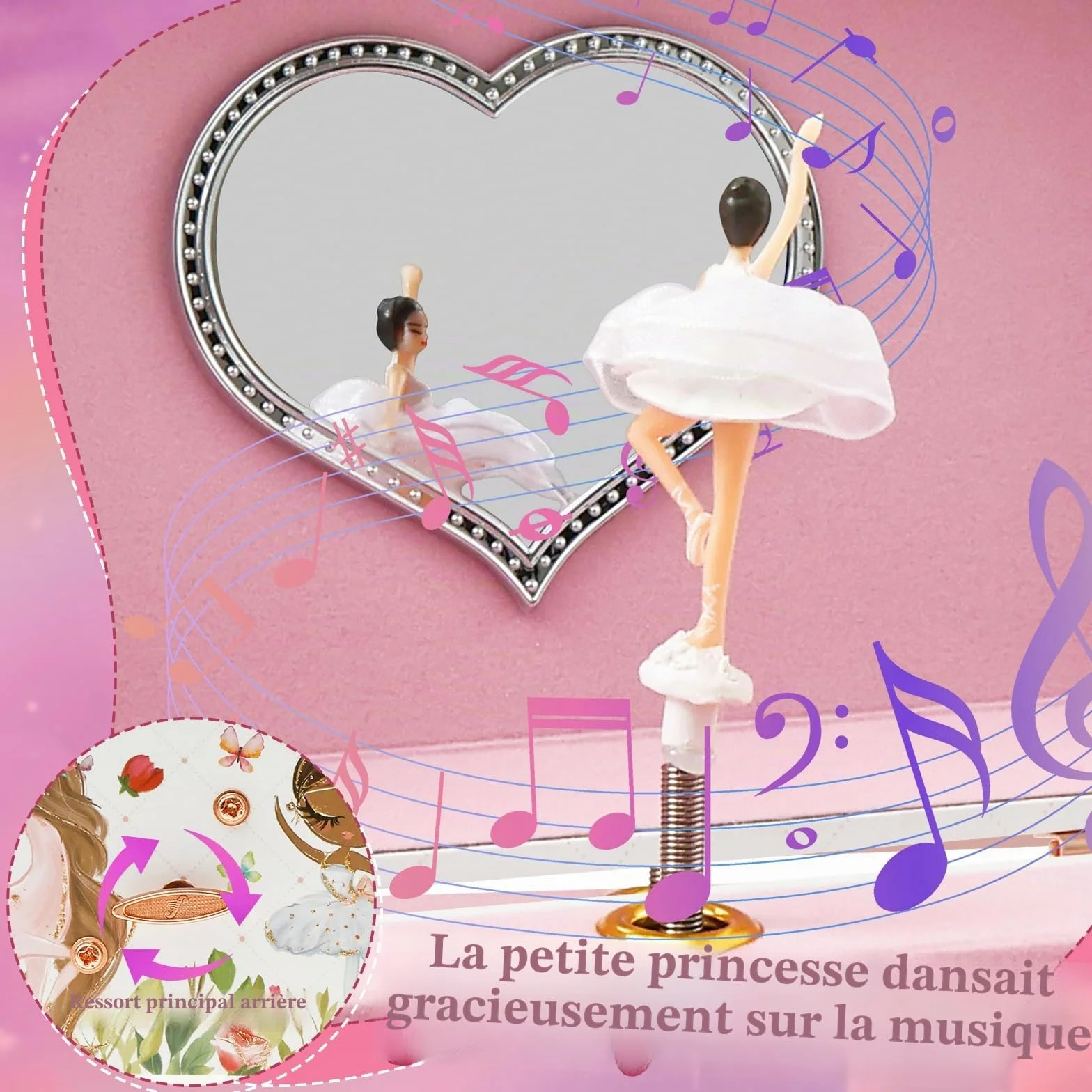 Boîte à bijoux musicale pour enfants petite princesse tournante 17,8 x 11,2 x 9,7 cm
