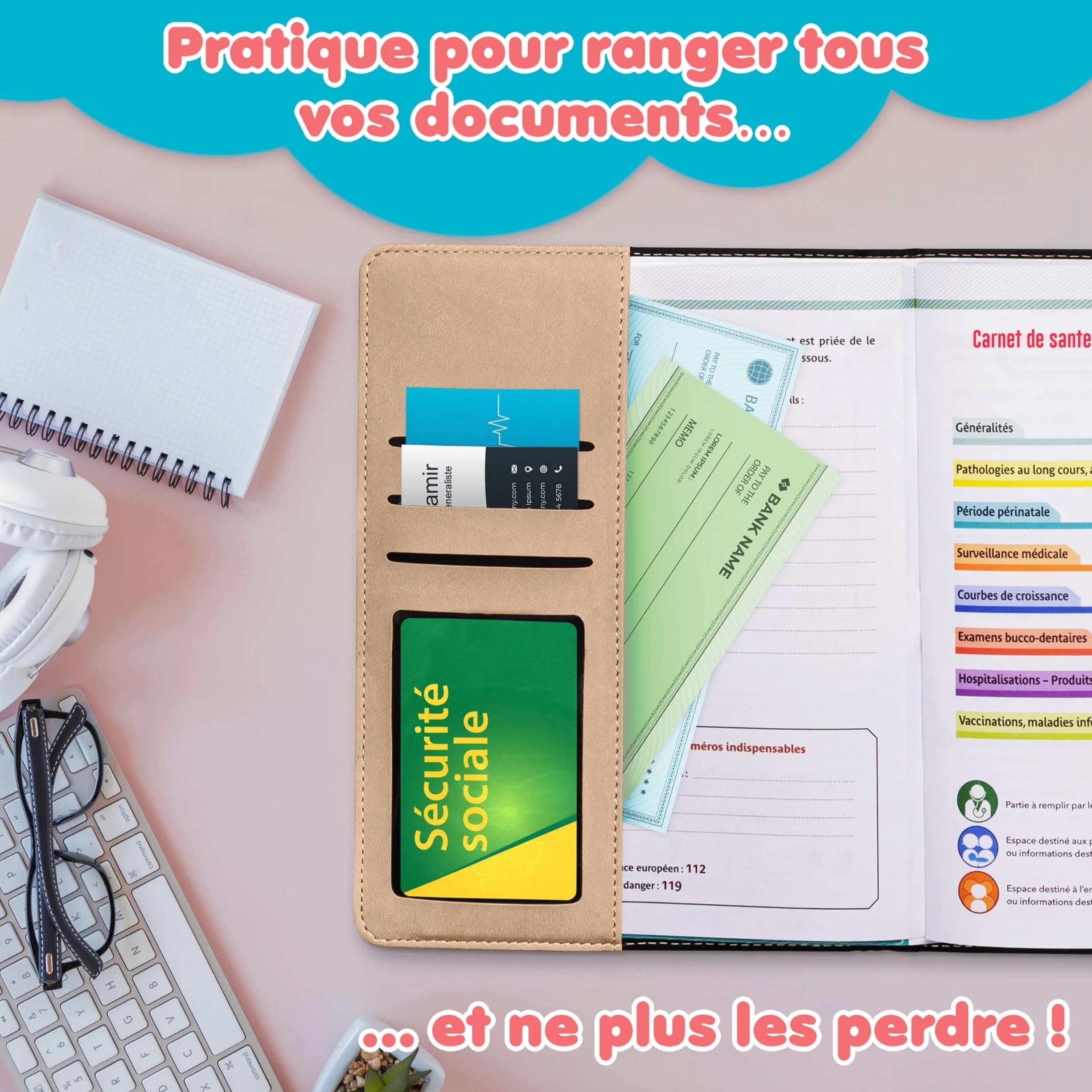 Carnet de santé bébé personnalisé avec stylo, pochette ordonnance et carte vitale, coffret cadeau naissance