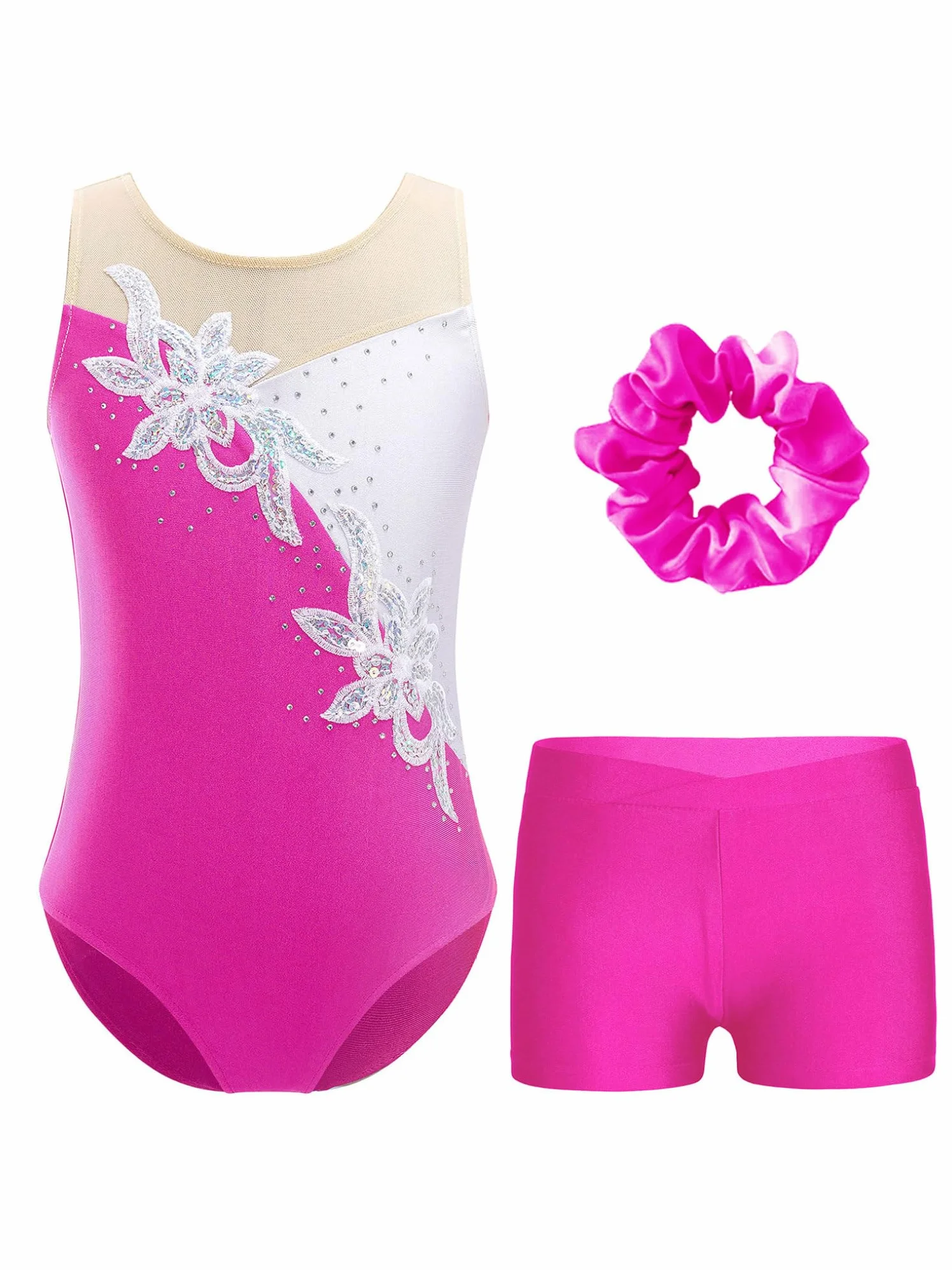 Justaucorps Gymnastique Strass avec Short Danse Fille 5-16 Ans