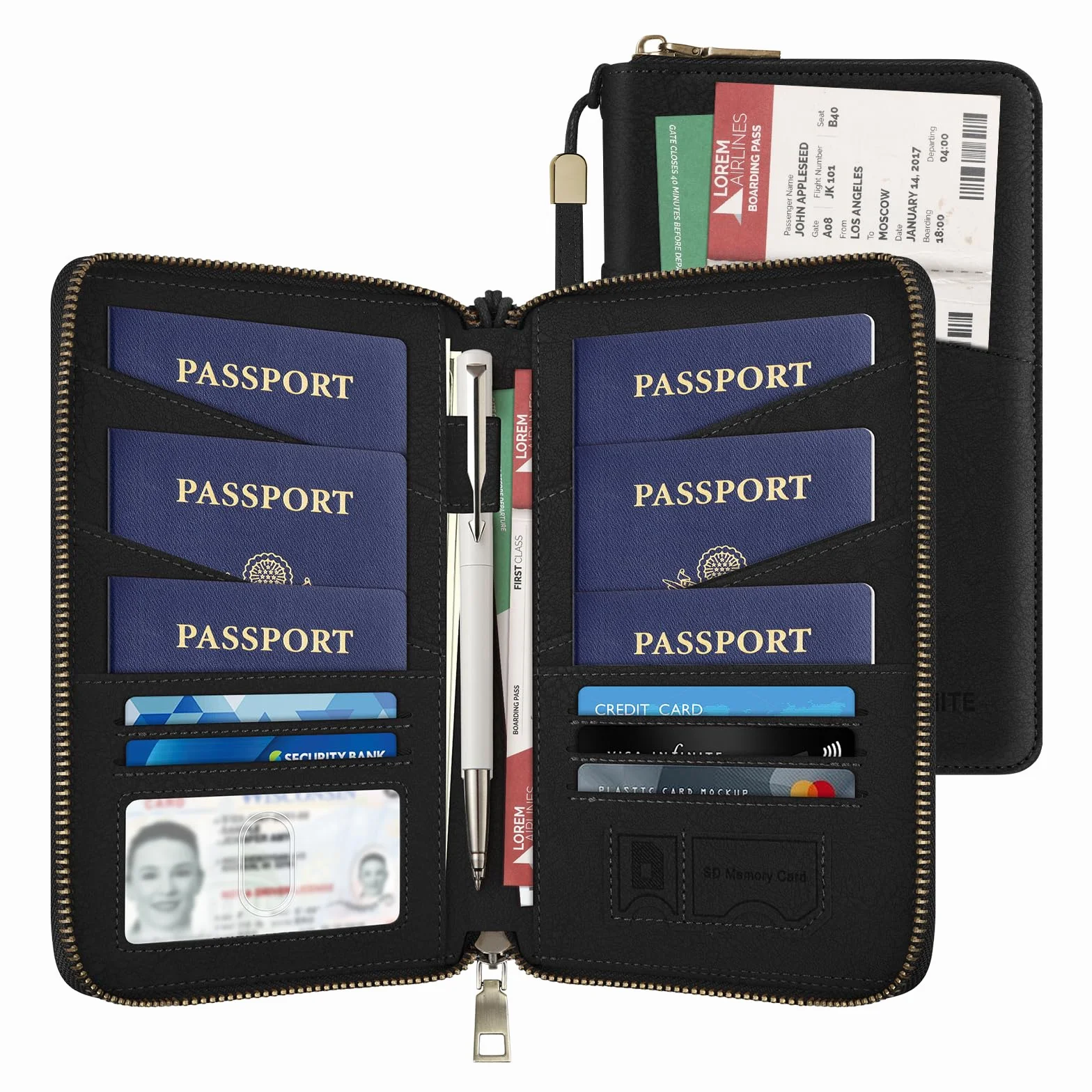 Likesing Porte-passeport familial cuir RFID fermeture éclair organiseur voyage dragonne Noir