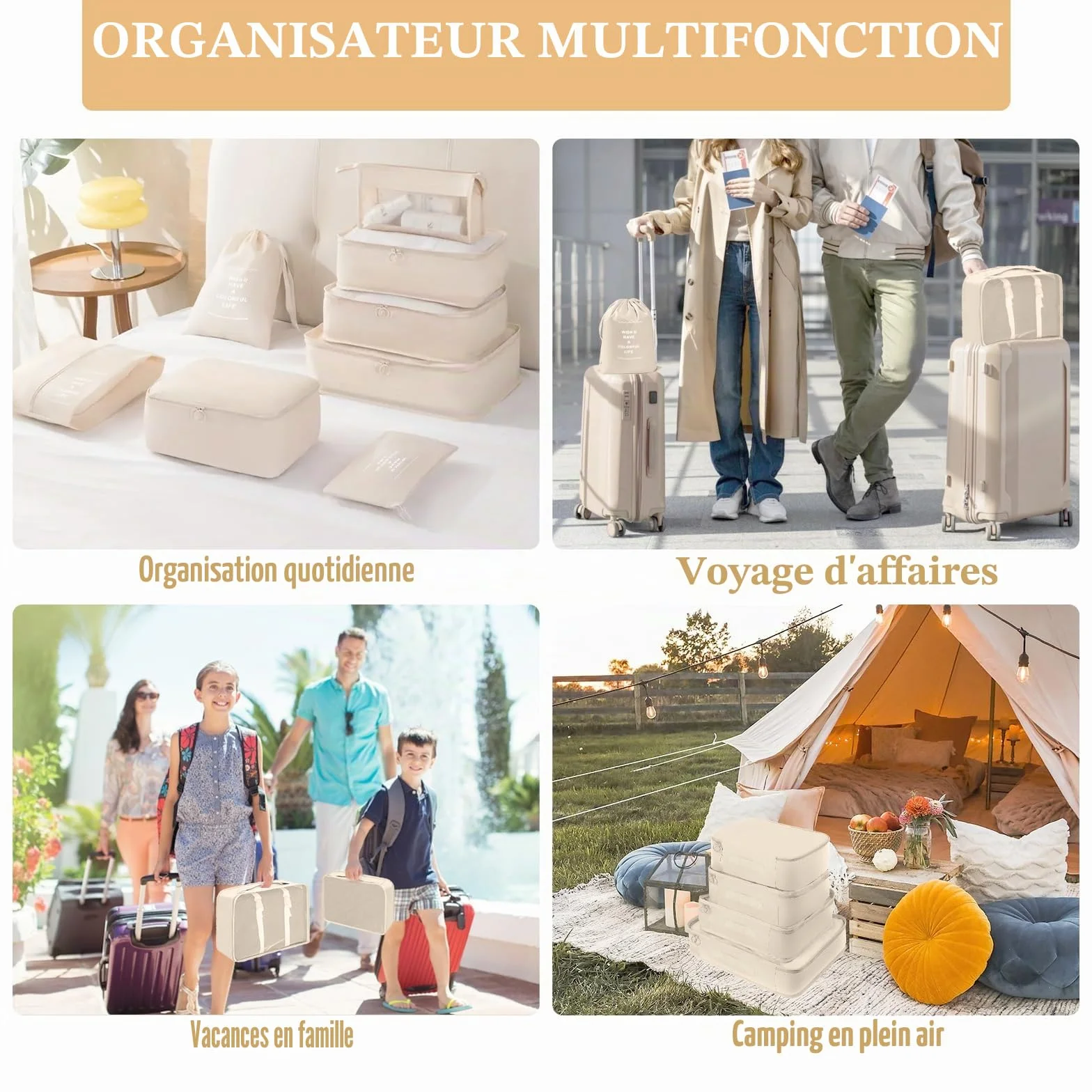 Lot de 9 Organisateur Valise Imperméables Packing Cubes Résistant à la Déchirure Pochette Voyage Beige